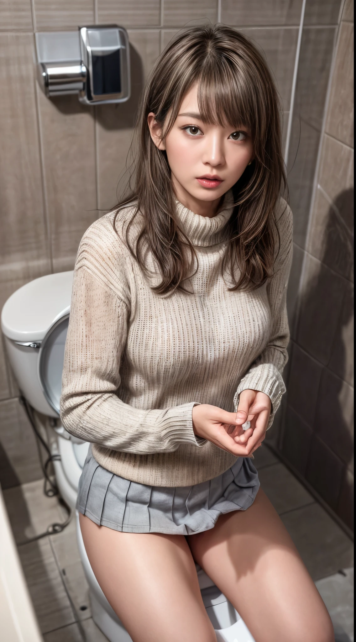 Beautiful Japan Woman、超Colossal tits、Turtleneck sweater、Masterpiece Top Quality High Resolution , ((((Toilet room))))、Long bangs、(((Surprised)))、((Messy long hair bun))、piercings、((Delicate Photos))，(Detailed RAW photos of girls), (masutepiece:1.25), (Best Quality:1.6), (超A high resolution:1.5), (Photorealistic:1.75), 8K resolution, Canon EOS R5, 50 millimeters, absurderes, ultra-detailliert,Cinematic lighting、Take off your pants and skirt at your feet:1.25、siting on a toilet、The lower part of the body is bare、a miniskirt、パンティーBeautiful Japan Woman、Colossal tits、Turtleneck sweater、Masterpiece Top Quality High Resolution , ((((Toilet room))))、Toilet roomルーム、Long bangs、(((Surprised泣く)))、(Messy bun hair)、piercings、((Delicate Photos))，(Detailed RAW photos of girls), (masutepiece:1.25), (Best Quality:1.6), (超A high resolution:1.5), (Photorealistic:1.75), 8K resolution, Canon EOS R5, 50 millimeters, absurderes, ultra-detailliert,Cinematic lighting、Take off your pants and skirt at your feet:1.25、Toilet roomに座る、The lower part of the body is bare、a miniskirt、((Panties slide down))