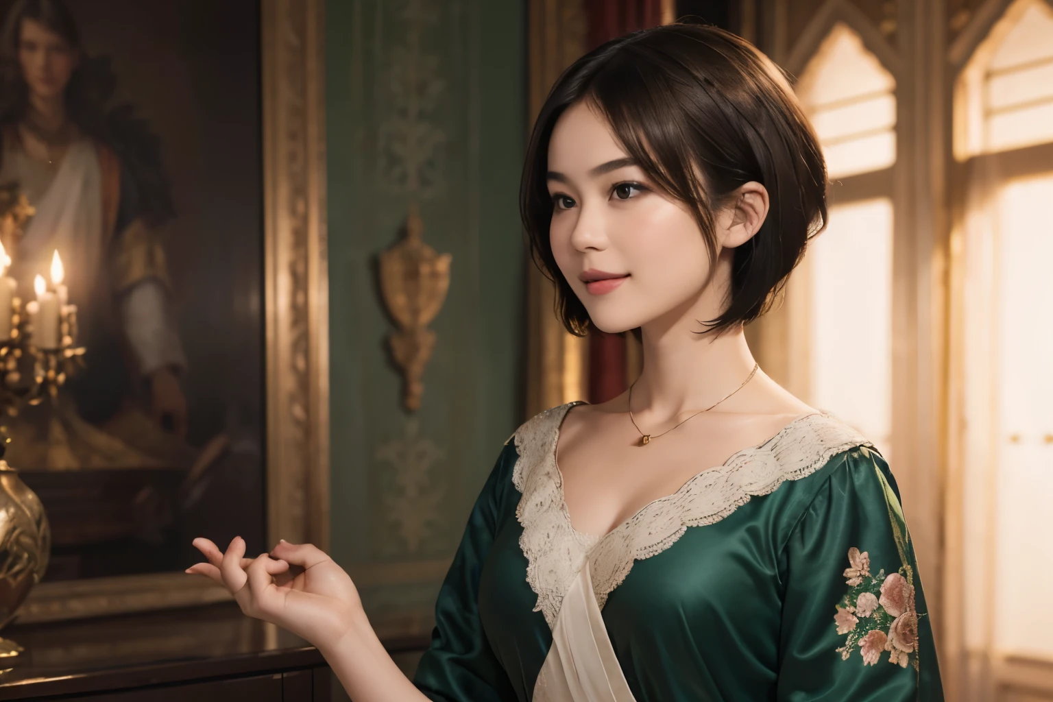 141
(a 20 yo woman,in the palace), (A hyper-realistic), (high-level image quality), ((beautiful hairstyle 46)), ((short-hair:1.46)), (kindly smile), (breasted:1.1), (lipsticks), (is wearing dress), (murky,wide,Luxurious room), (florals), (an oil painting、Rembrandt)