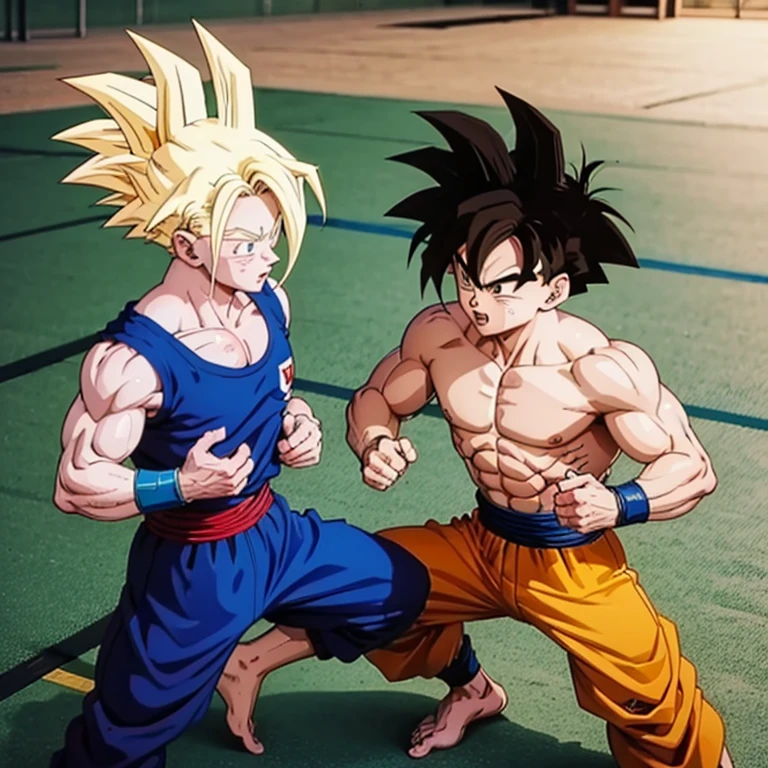(Eine detaillierte Zeichnung von Son Goku, bodybuilding gym.), shirtless, barefoot, Muay Thai、catfight、Pro Wrestling、Steig in den Ring、Spurling (Spuren)、Cross counter、Kampfsport、Kommando Sambo、Position der Halterung、Gelenktechnik、Oberer Spinning-Kick