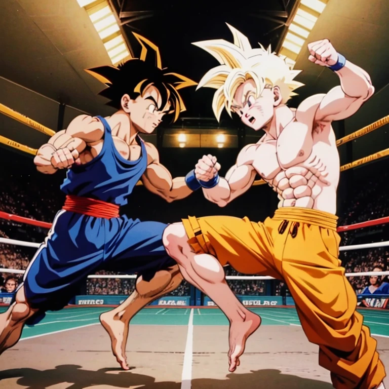 (Eine detaillierte Zeichnung von Son Goku, bodybuilding gym.), shirtless, barefoot, Muay Thai、catfight、Pro Wrestling、Steig in den Ring、Spurling (Spuren)、Cross counter、Kampfsport、Kommando Sambo、Position der Halterung、Gelenktechnik、Oberer Spinning-Kick
