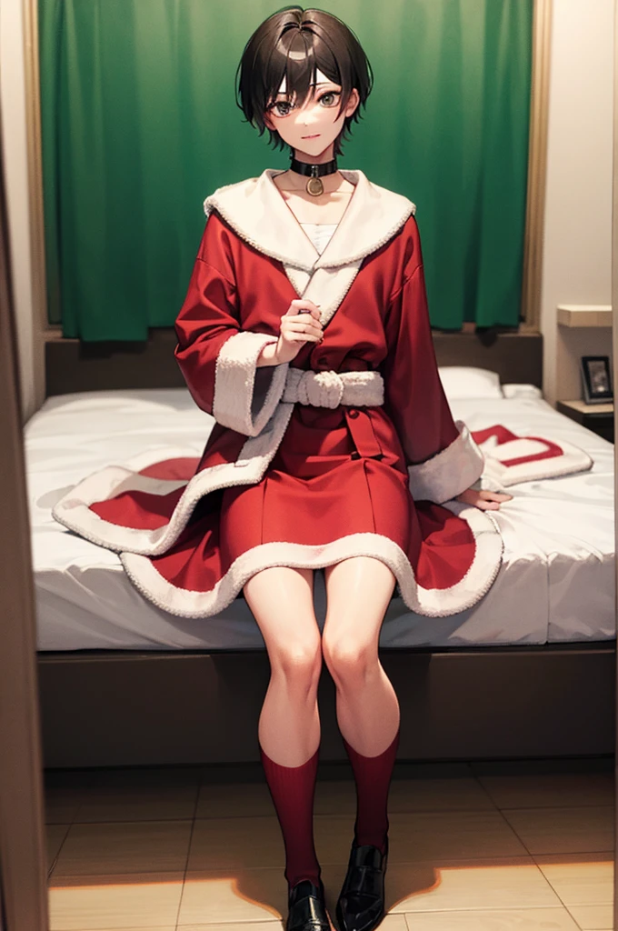 1boys, Man,Male pervert, Short hair, Black hair,Collar,Facial, leg loops,Soft bed,Bedroom,christmas，giftow knot，Highest image quality，超高分辨率，tmasterpiece，