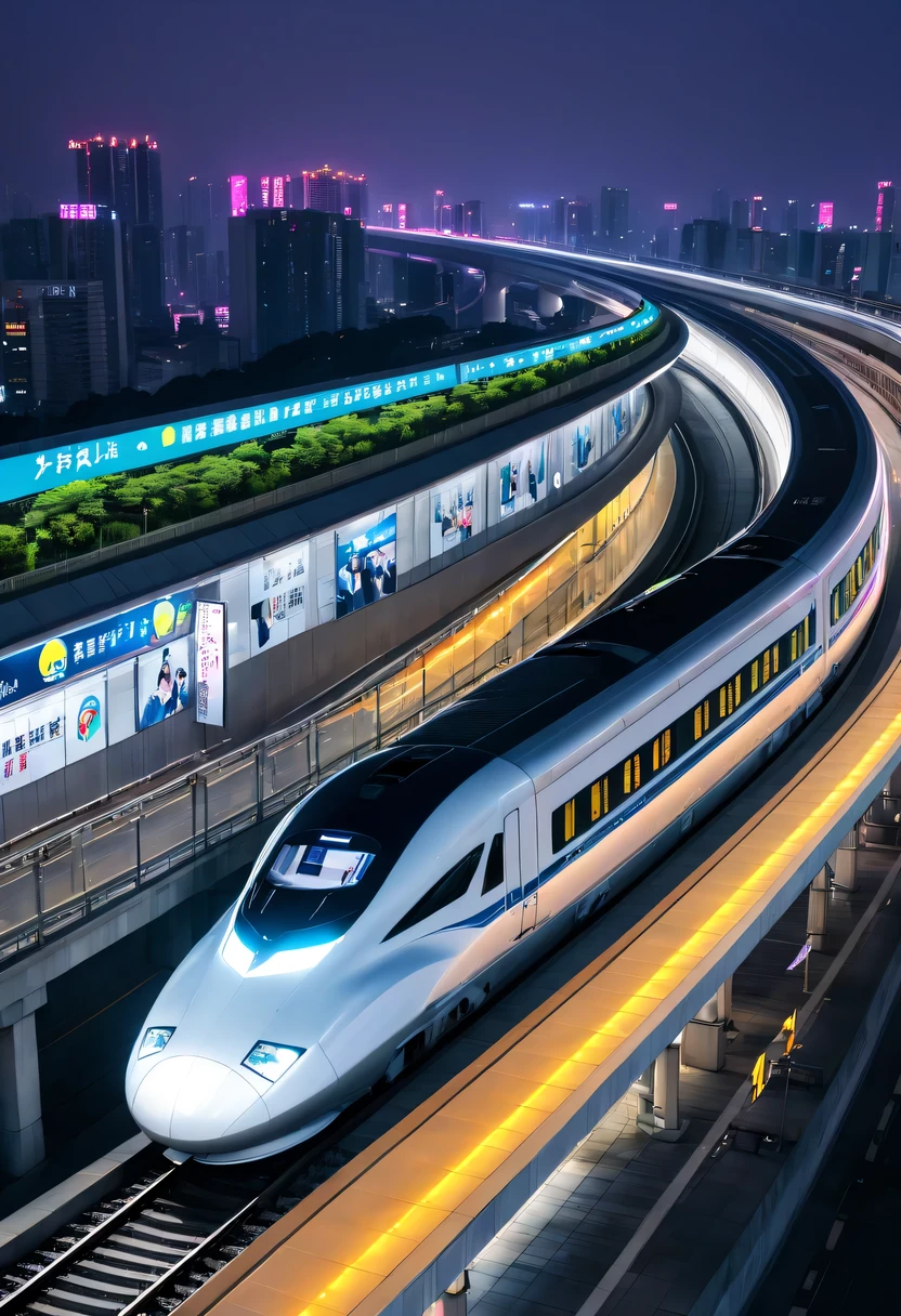 Spectacular的城市夜景,overpasullet train,neonlight,advertising billboard,Lead,Spectacular