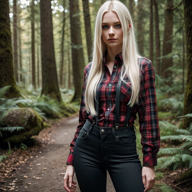 Realistic photograph, portrait, forest background, solo woman, 20 year old woman, Pale blue eyes, Long sleek platinum blonde hair  Fair borderline pale skin, toned build with lean defined muscle, black jeans, red and black plaid shirt tucked into pants, black suspenders