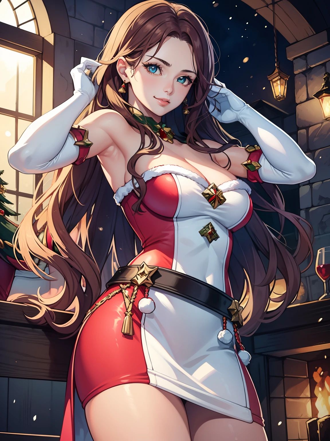 1girl, solo, masterpiece, best quality, high res, highly detailed, (illustration), beautiful detailed eyes, dorothea ,glossy lips, light makeup, warm smile, long white satin elbow gloves ,cowboy shot, (santa), red santa dress, full body, elbow white gloves, long white gloves