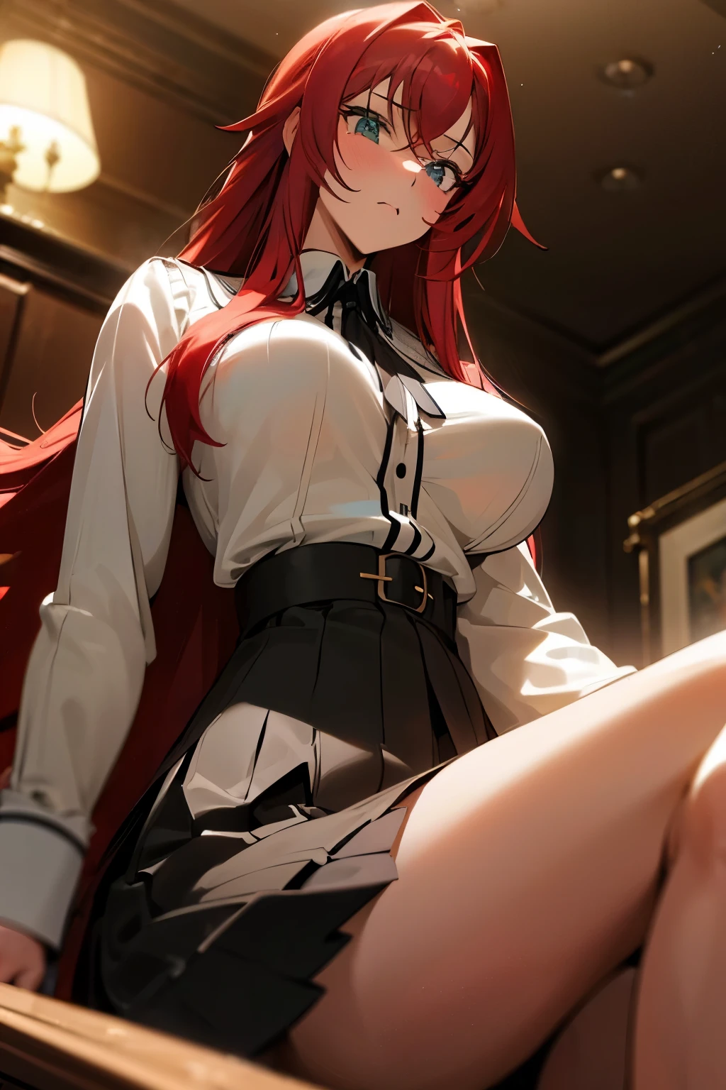 (Masterpiece:1.2, high quality:1.2), (solo:1.2), (1girl:1.2), (pixiv:1.4), (Rias gremory), indifferent, (stare:0.8), crimson red hair, wavy long hair, sharp bangs, crystal green eyes, (detailed eyes), double eyelids, black eyeshadow, long eyelashes, pale pink lips, symmetric face, (detailed face), neckline, collarbone, (beautiful round breats:1.3), voluptuous body, school uniform, unbuttoned shirt, pleated skirt, pantyhose, (pov from below), front view, stockings, slim waist, thighs, sitting on couch, dynamic lighting, classic wooden wall, (detailed face), ultra-detailed, intrinsic details, vivid colors, aesthetic indoors, castle, HD, 4k, (highres:1.5), professional photography, blurry background, sharp focus, ((detailed face)), highly focused face