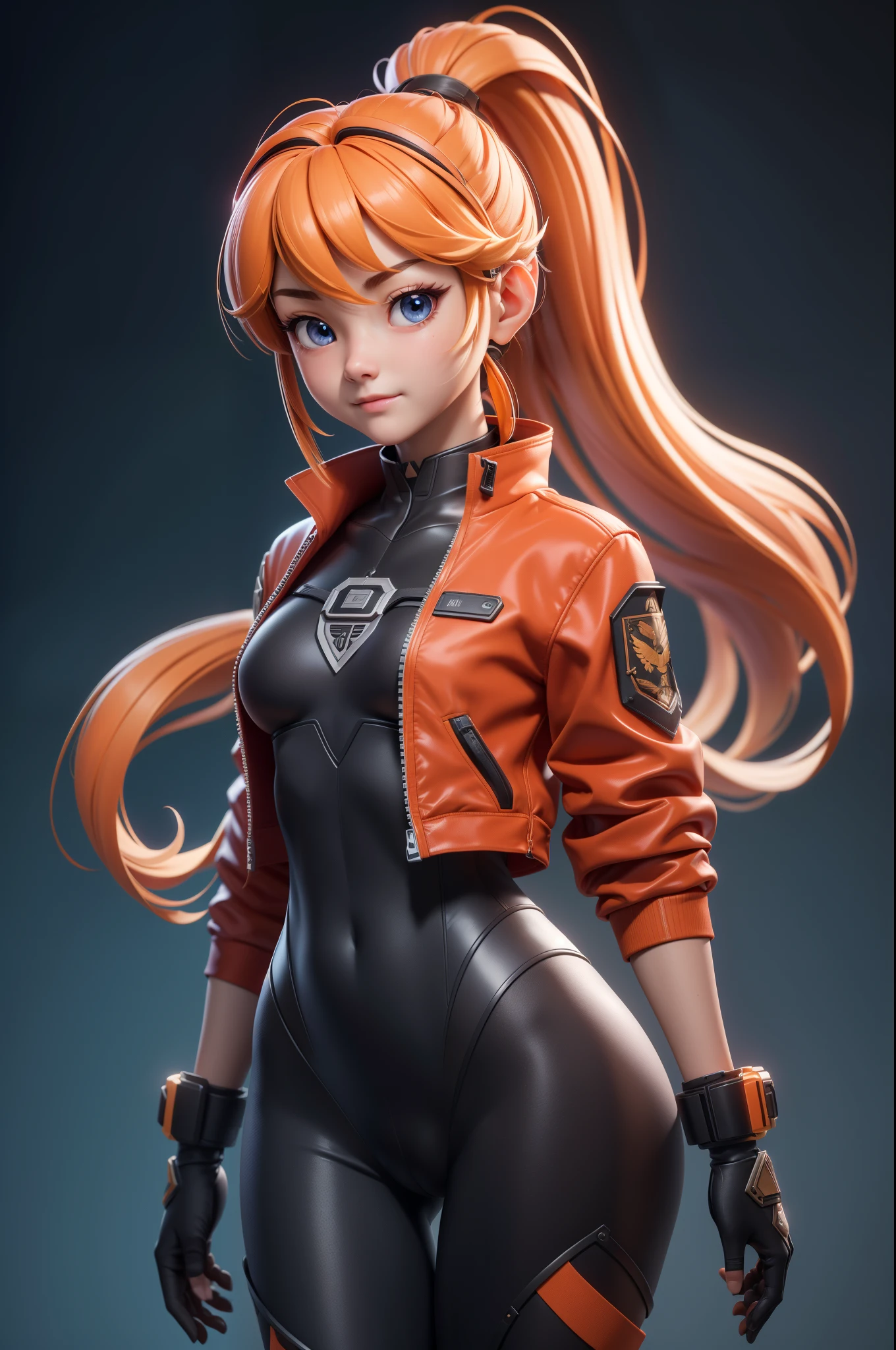 3dmm style, (masterpiece, best quality), intricate details, 1girl, solo, bea\(pokemon\), bow hair band, printed shirt, tied shirt, black bodysuit, bodysuit under clothes, single glove, print shorts, knee pads, barefoot, cowboy shot, looking to the side from the front, visible whole body, arms crossed, yellow clothing, orange hair, mysterious look, whole plan, general plan