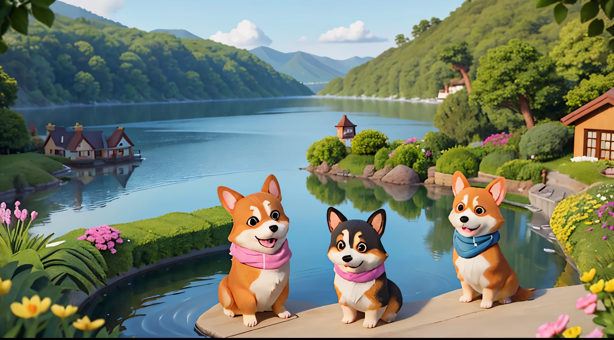 pembroke welsh corgi,largeeyes,Short tail,Corgi&#39;s cute smile and lively demeanor，high end。Black and white main color,Use light pink for details、gold or lake blue, Brand logo scarf,Lakeside villa with garden，Corgi interacts with the environment at the lakeside,Add &quot;Where Joy Happens&quot; symbols or patterns to the walls of the villa。