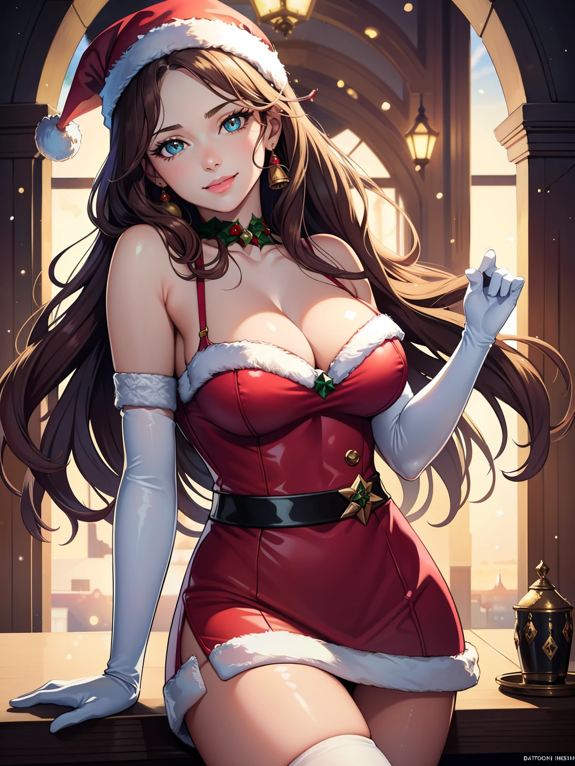 1girl, solo, masterpiece, best quality, high res, highly detailed, (illustration), beautiful detailed eyes, dorothea ,glossy lips, light makeup, warm smile, long white satin elbow gloves ,cowboy shot, (santa), red santa dress, full body, elbow white gloves, long white gloves