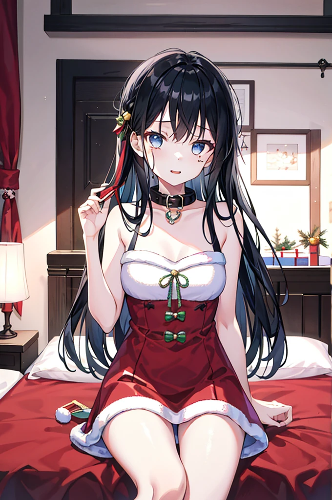 1girl,long hair, Black hair,Collar,Facial, leg loops,Soft bed,Bedroom,christmas，giftow knot，Highest image quality，超高分辨率，tmasterpiece，