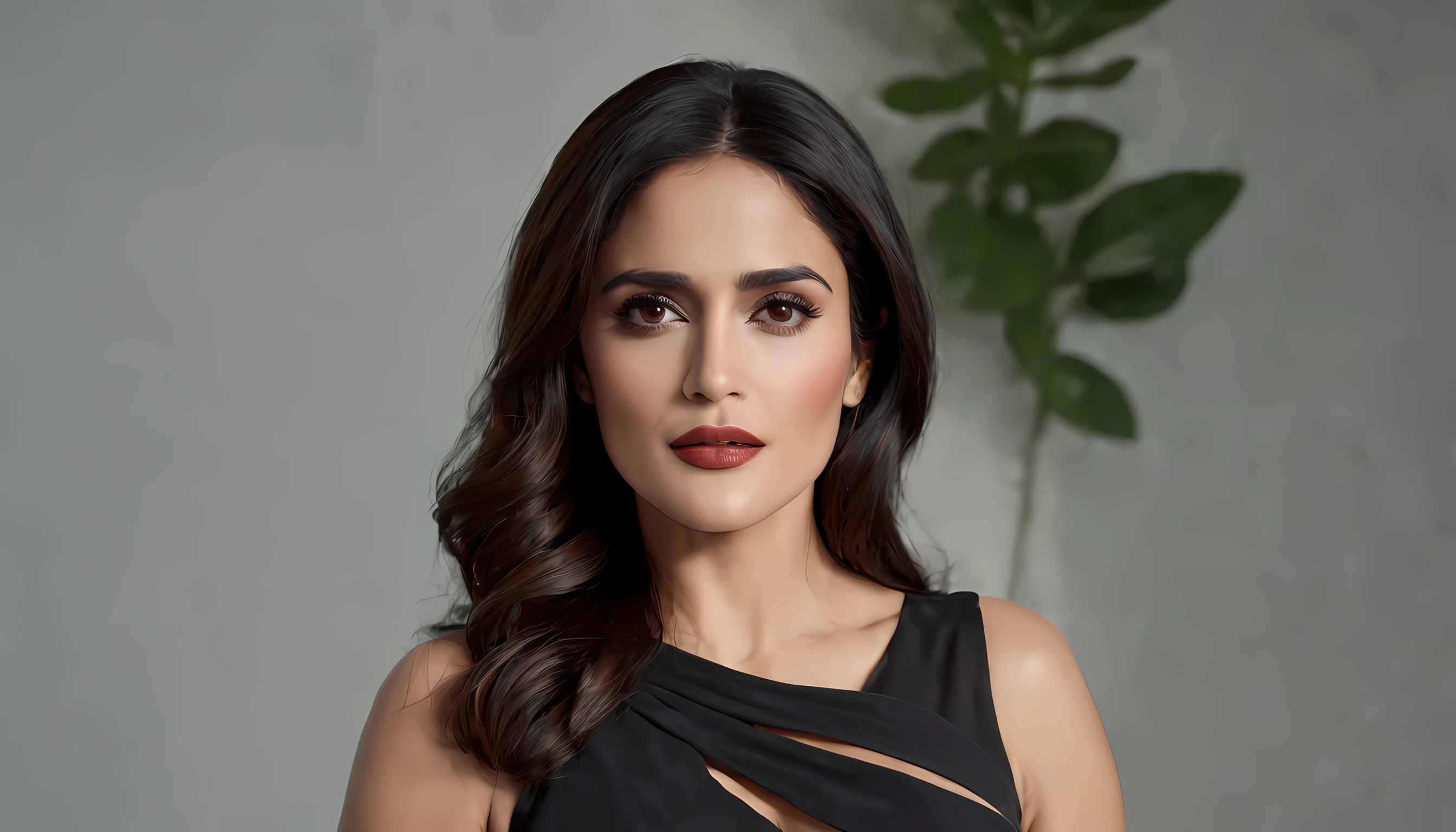 ((best quality: 4k)), ((masterpiece)), (high detailed), Salma Hayek face, big lips, big breast, good shape breast, long legs, wearing short skirt, slim body,  top naked,  sexy salma hayek face,  black hair, hair bobbles, wince, long_eye_lashes, solid circle eyes,, light smile, , drop shadow, anaglyph, , atmospheric perspective, 8k, super detail, best quality,