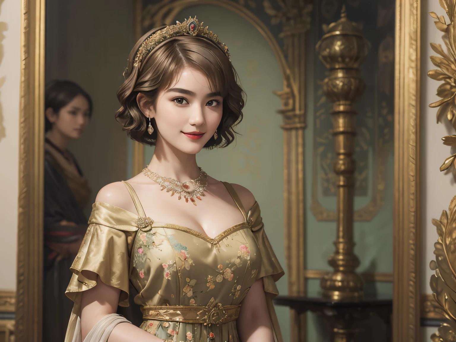 141
(a 20 yo woman,in the palace), (A hyper-realistic), (high-level image quality), ((beautiful hairstyle 46)), ((short-hair:1.46)), (kindly smile), (breasted:1.1), (lipsticks), (is wearing dress), (murky,wide,Luxurious room), (florals), (an oil painting、Rembrandt)
