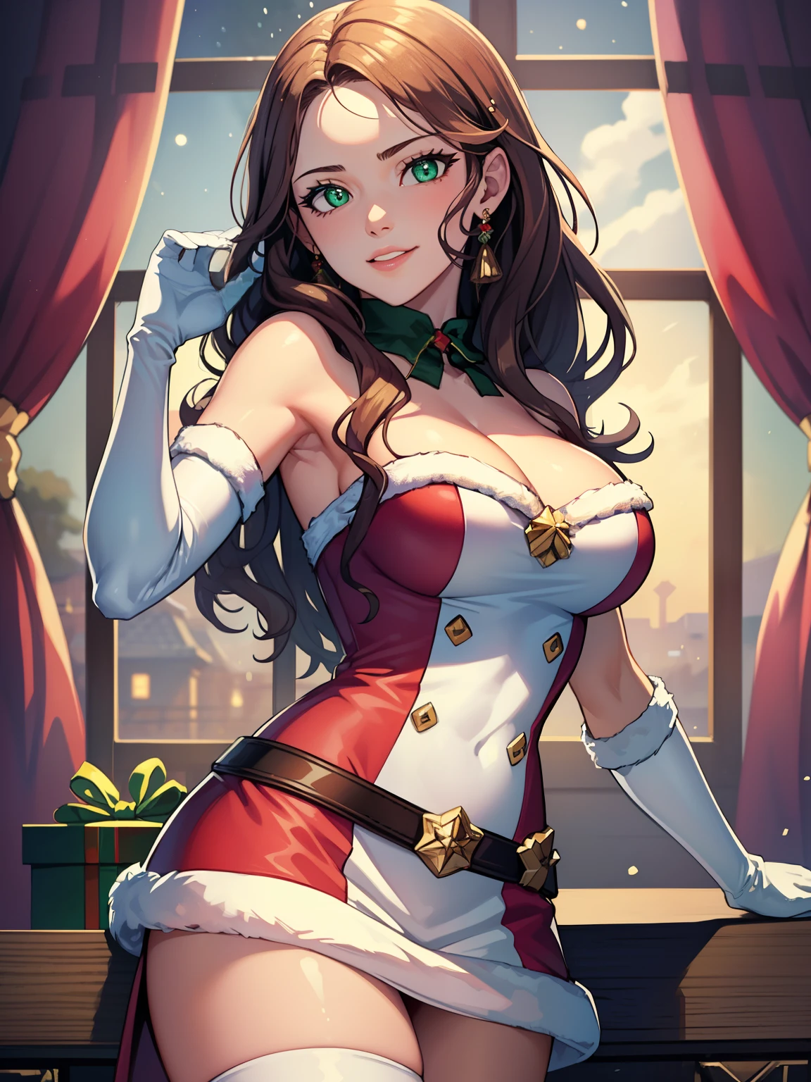 1girl, solo, masterpiece, best quality, high res, highly detailed, (illustration), beautiful detailed eyes, dorothea, green eyes ,glossy lips, light makeup, warm smile, long white satin elbow gloves ,cowboy shot, (santa), red santa dress, full body, elbow white gloves, long white gloves