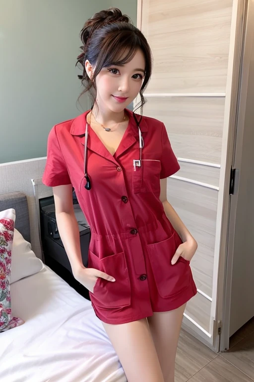 top-quality、​masterpiece、real 20 year old woman、nurse、White stockings、hospitals、Hospital room、Hairstyle is semi-long、Left hand in pocket、hight resolution、