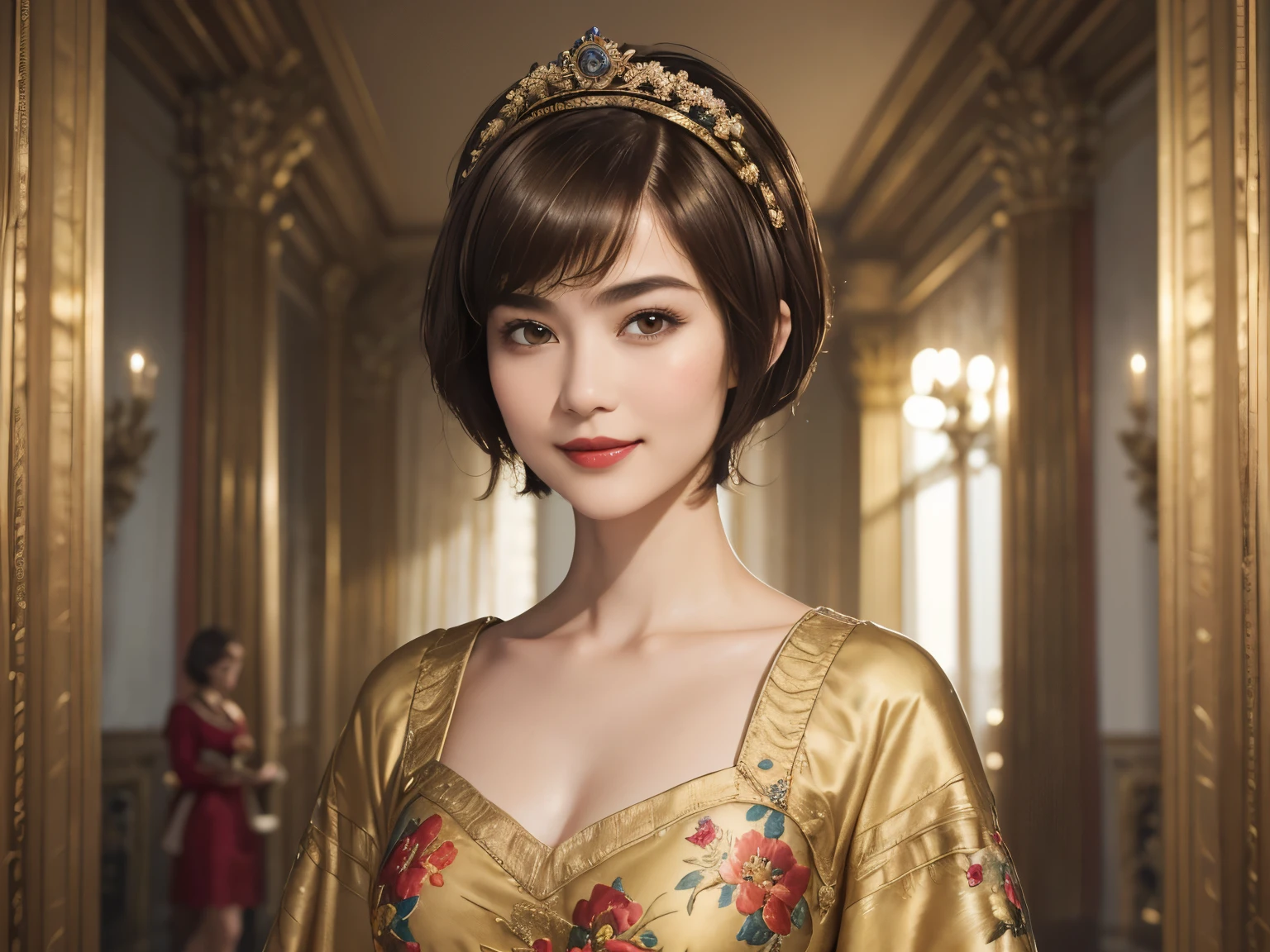 141
(a 20 yo woman,in the palace), (A hyper-realistic), (high-level image quality), ((beautiful hairstyle 46)), ((short-hair:1.46)), (kindly smile), (breasted:1.1), (lipsticks), (is wearing dress), (murky,wide,Luxurious room), (florals), (an oil painting、Rembrandt)