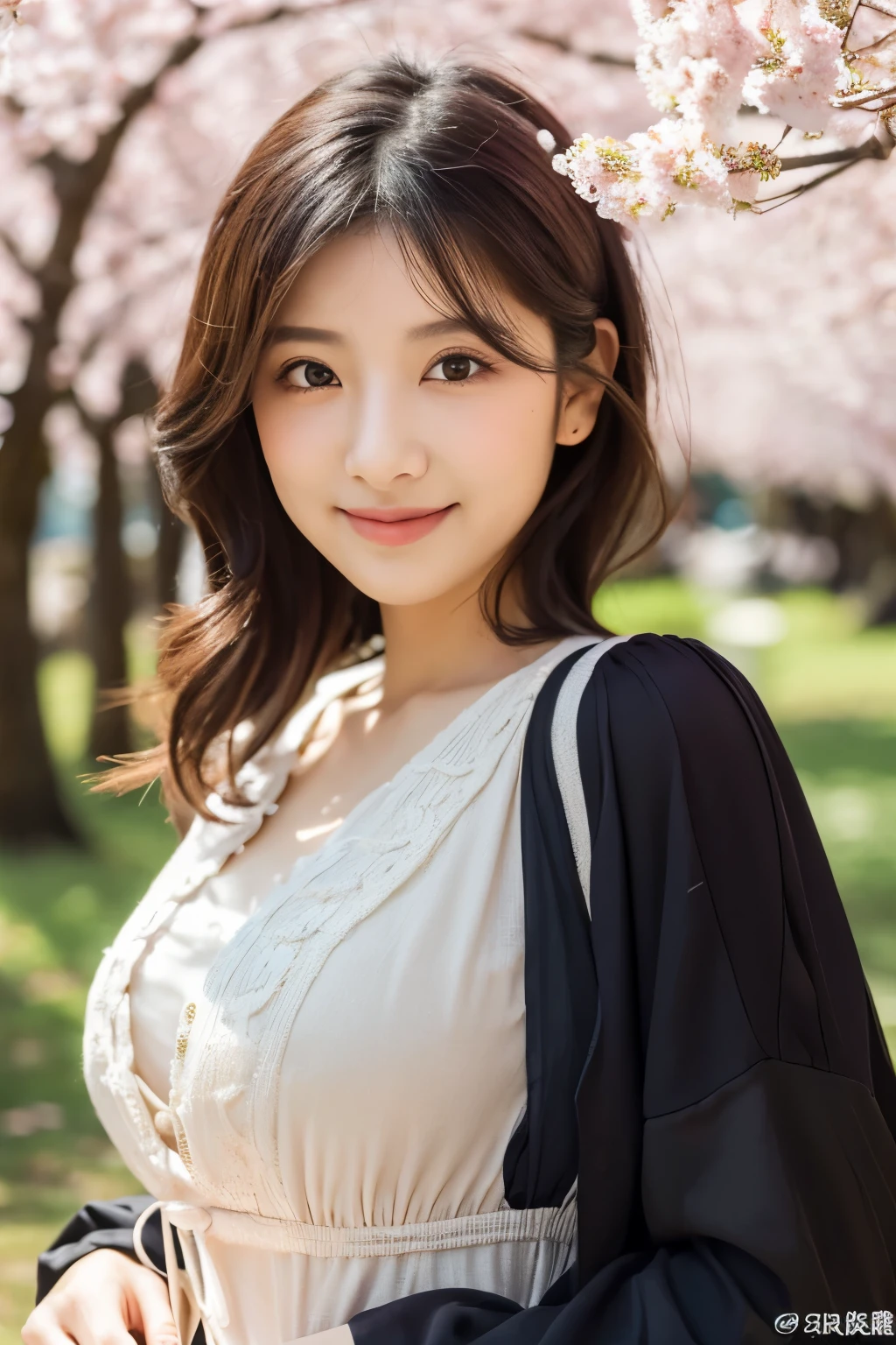 (best quality,4k,8k,highres,masterpiece:1.2), ultra-detailed, realistic:1.37, (beautiful,detailed) eyes, (beautiful,detailed) lips, extremely detailed face, long eyelashes, 1girl, Japanese, 20s, (stunning, breathtaking) beauty, (captivating, mesmerizing) smile, (silky, flowing) black long hair, (flawless, radiant) skin, (elegant, graceful) appearance, (innocent, enchanting) charm, (feminine, delicate) features, (stylish, fashionable) clothing, loving look in her eyes, serene atmosphere, cherry blossom petals in the background, (lovers, couples) walking hand in hand in a picturesque park, soft sunlight (shining, filtering) through the trees, gentle breeze (playing, caressing) her hair, (vibrant, vivid) colors, (traditional, authentic) Japanese setting, (romantic, dreamy) ambiance, (subtle, soft) pastel color palette, (warm, cozy) lighting.

Be aware of：
1. Do not include prompt after output()big breasts and big breasts[]。
2. 请根据我给出的主题big breasts and big breasts上面的要求生成高质量的 prompt，Additional topic-related details may be added as needed。