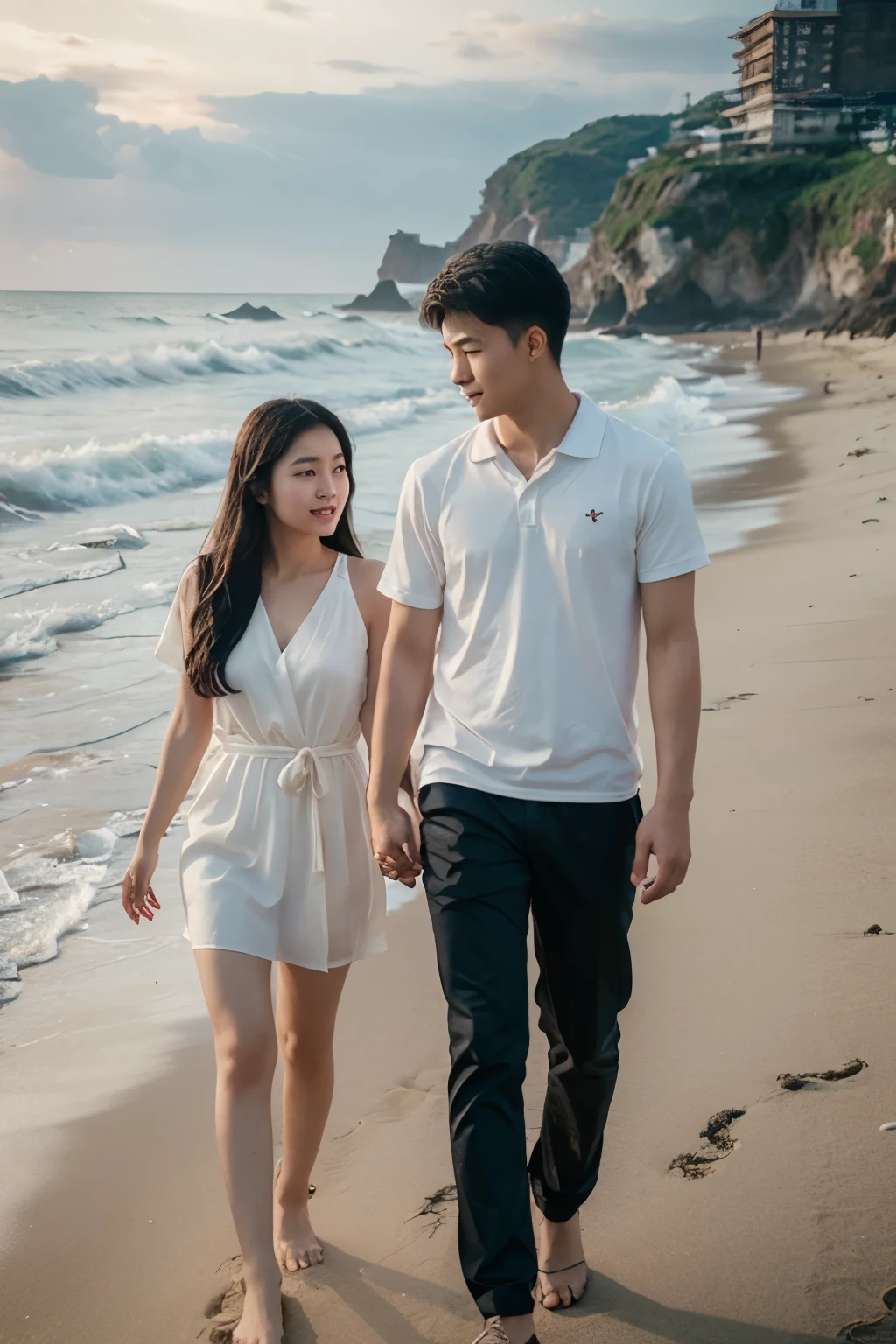 young chinese couple,A handsome boy,A beautiful girl,Hand in hand,On the beach by the sea,romantic date,4k,hyper HD,Hyper Real,scenography,rendering