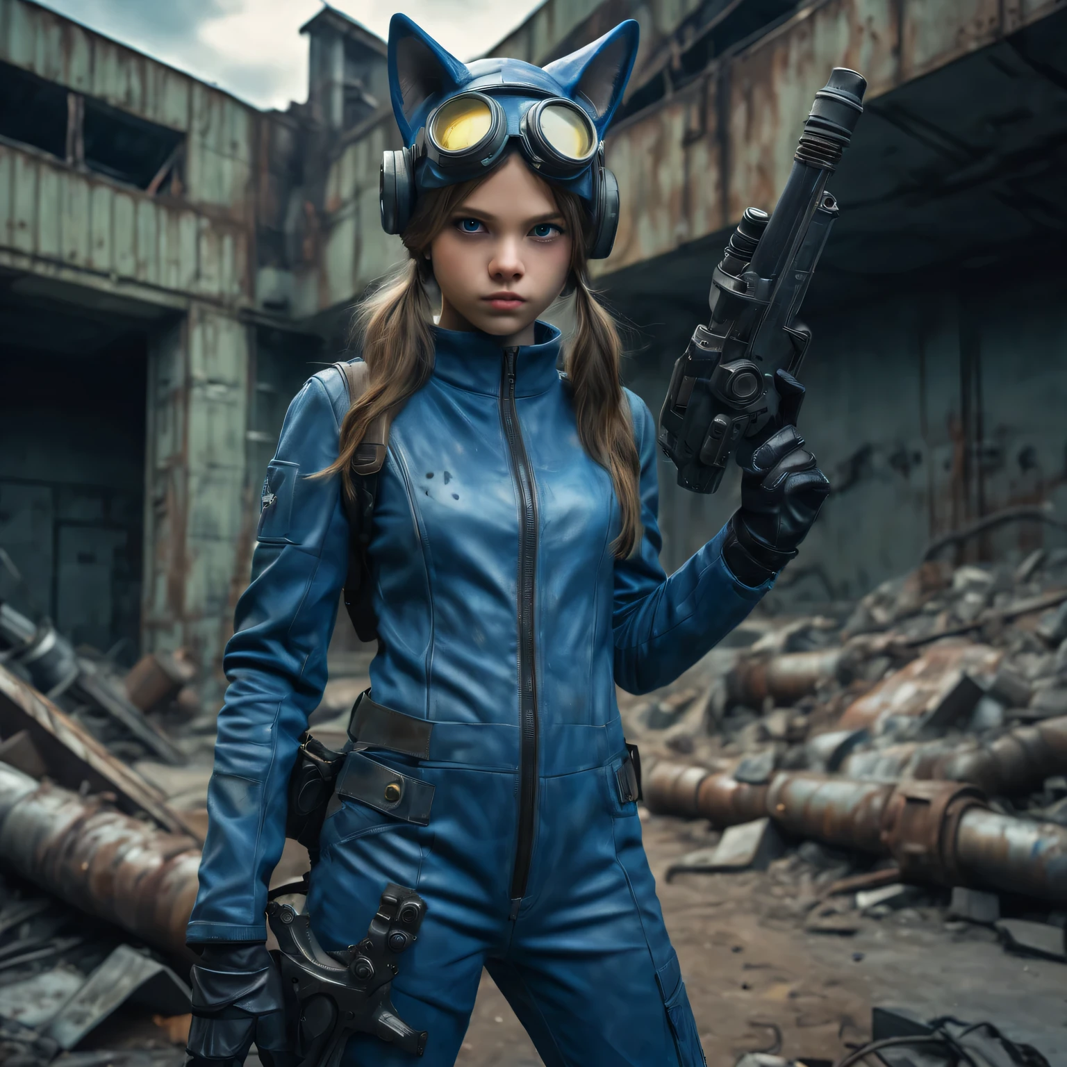 European girl wearing (vaultsuit with pipboy3000 on wrist) standing in a rundown rusty post apocalyptic steel bunker, holding a weapon in her right hand, giant fallout monster in background, professionally color graded, professional photography, well drawn, masterpiece, hyper realistic, ultra detailed, high quality, best quality, 4k, 8k, raw, detailed and realistic eyes, petite, , )) ((wearing long leather gloves cover all her fingers)), , wearing cats ears, highly detailed, vibrant,8k Ultra HD