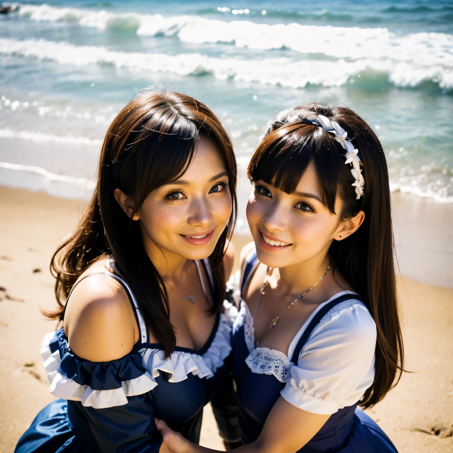 (8K、Raw photography、top-quality、tmasterpiece:1.2),(((Two girls,duo,stroking,On the beach))),、ultra - detailed、Hyper-Resolution、(hyper realisitc:1.4)、(Using the kiss you throw as a camera)above from、Camera taken from above、Shooting camera angles from above、I see this with upward eyes、Arms outstretched、arms spread wide、Use high-quality images taken from above with the camera、(Girl on the Beach 5-digit number 1:1.3)、、Offshore Girls(dreamy lighting)head to waist、、White skinned、falbe white woman correction、An ultra-high picture quality、、Beautiful female proofreading reflecting in light、amazing detailed、Beautiful girls in very detailed、(Different pattern faces 1:1.2)、(Different facial emotions 1:1.3)、Each hairstyle has its own characteristics々hairstyle albe々Hair fabe that gives off a clean shine、I love fishing on a boat、Brown fur baby hair that shines in the light、One has a ponytail、、Modern cute girl、very detailed faces very detailed eyes、Very realistic skin、 extremely detailed fingers, highly detailed nose, highly detail mouth, perfect anatomia, (Off-the-shoulder Lolita Costume 1:1.2)、、Every detail of their hair shines、Hot teeth and smile、Realistic body, White skinned, glistning skin, Slim body, Long straight hair, (Blunt bangs:1.2), , nixeu and sakimichan, TWICE, Seifuku, sakimichan, promotional still, Larisa Manobal, alena aenami and lilia alvarado