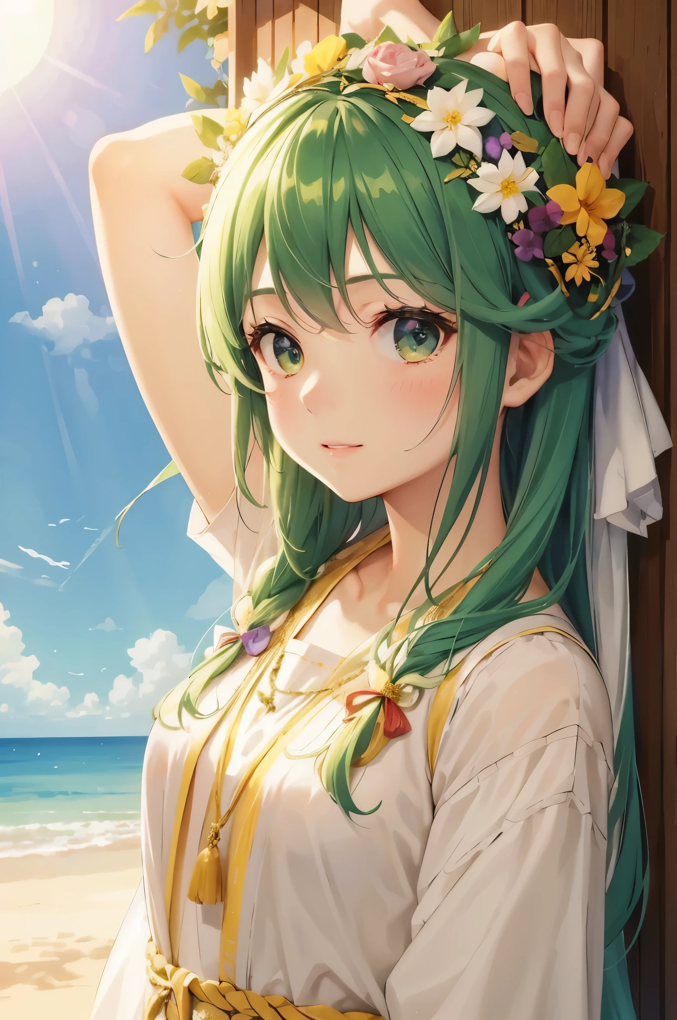 Clothes are,Put a garland on your head,Sunlight shines,长长的金色the hair,the hair,Among the flowers,Red clothes