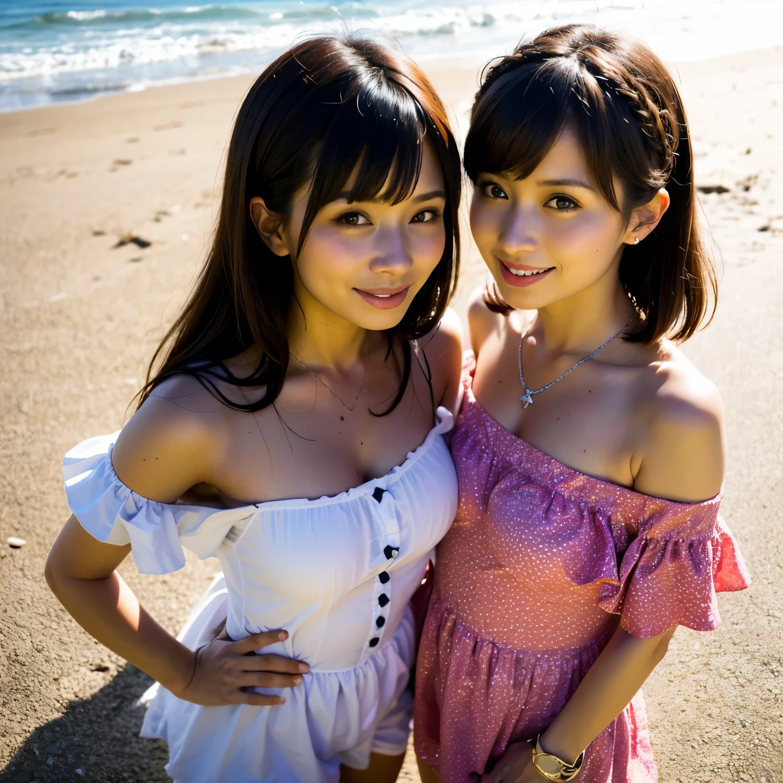 (8K、Raw photography、top-quality、tmasterpiece:1.2),(((Two girls,duo,stroking,On the beach))),、ultra - detailed、Hyper-Resolution、(hyper realisitc:1.4)、（Using the kiss you throw as a camera）above from、Camera taken from above、Shooting camera angles from above、I see this with upward eyes、Arms outstretched、arms spread wide、Use high-quality images taken from above with the camera、(Girl on the Beach 5-digit number 1:1.3)、、Offshore Girls（dreamy lighting）head to waist、、White skinned、falbe white woman correction、An ultra-high picture quality、、Beautiful female proofreading reflecting in light、amazing detailed、Beautiful girls in very detailed、(Different pattern faces 1:1.2)、(Different facial emotions 1:1.3)、Each hairstyle has its own characteristics々hairstyle albe々Hair fabe that gives off a clean shine、I love fishing on a boat、Brown fur baby hair that shines in the light、One has a ponytail、、Modern cute girl、very detailed faces very detailed eyes、Very realistic skin、 extremely detailed fingers, highly detailed nose, highly detail mouth, perfect anatomia, (Off-the-shoulder Lolita Costume 1:1.2)、、Every detail of their hair shines、Hot teeth and smile、Realistic body, White skinned, glistning skin, Slim body, Long straight hair, (Blunt bangs:1.2), , nixeu and sakimichan, TWICE, Seifuku, sakimichan, promotional still, Larisa Manobal, alena aenami and lilia alvarado