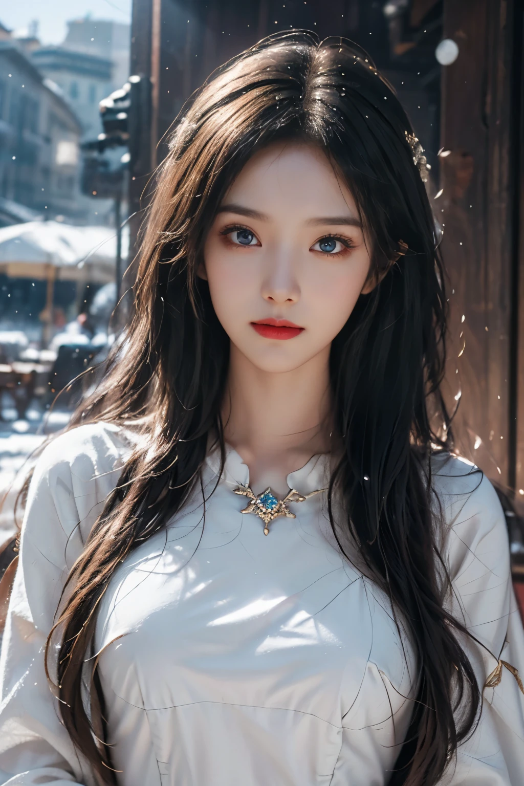 Top quality work,Photorealistic works,Ultra Premium Graphics,8K HD CG works,High-quality graphics,High-definition fine CG works,10x pixel,Ultra-fine details:1.1,Advanced technical details:1.1Photographically realistic, A high resolution ,Transparent hair,High Detail Hair(Premium Hair Detail:1.1)Clear eyes,Good looking double eyelids,Sharp eye makeup, Delicate makeup for eyelashes, Thin eyebrows, ultradetailed eyes,High Nose, lovely red lips, Rose cheeks, Face with delicate makeup , Pretty Face, A perfectly proportioned face,(Advanced facial details:1.1), Women's Artwork,full-body vieoddess of Dress,,amazing,Today's eyes are bright photorealistic, masterpiece, photorealistic, high resolution, soft light, hips up, (Lolita costume),Gorgeous costumeace the audience,(The upper part of the body,upper legeautidful eyes, Brown hair, ringed eyes, (outside,Heavy snowfall,Thick fur cape,Cover with snow),snowfield,Blue eyes