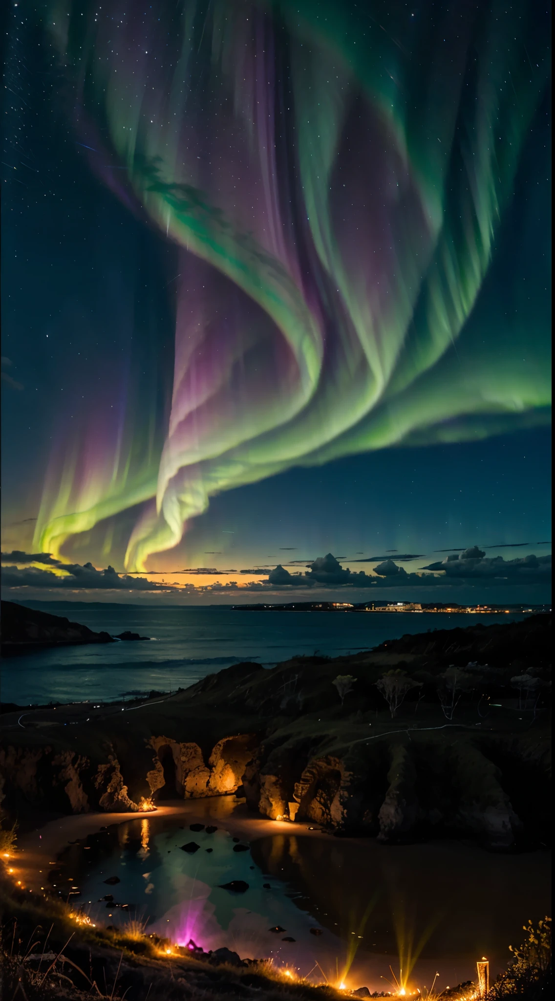 Northern lights with a pink and purple theme, glowing sky, fireflies, ocean below