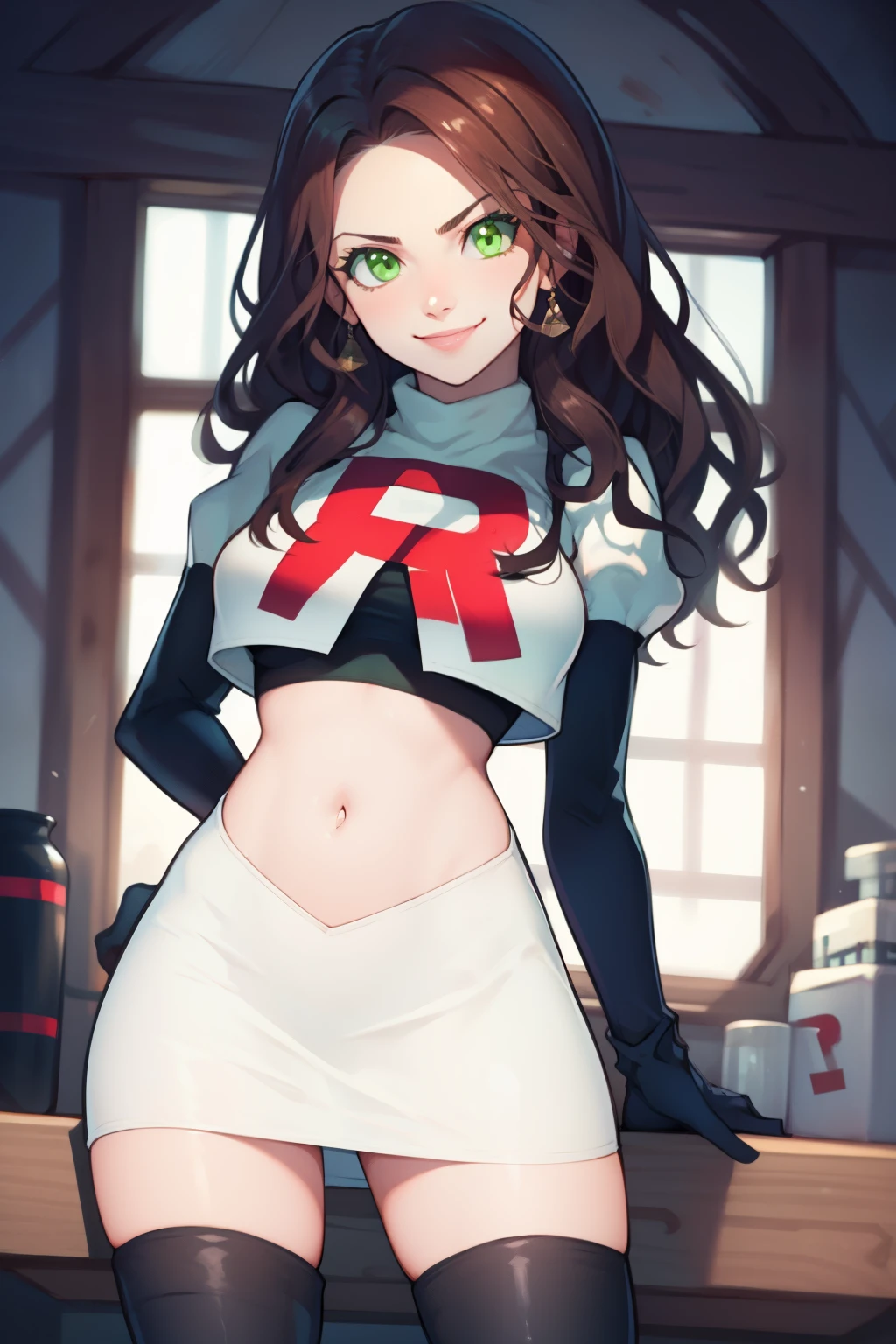 dorothea, green eyes, glossy lips ,team rocket,team rocket uniform, red letter R, white skirt,white crop top,black thigh-high boots, black elbow gloves , looking at viewer, evil smile
