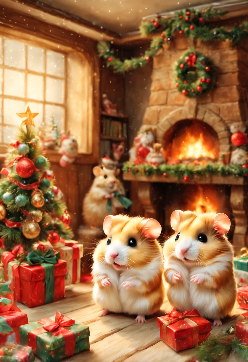 (Christmasパーティ会場:Christmas Decorations),inside in room,Christmas tree,ceiling decoration:Christmas,candy:Christmas,(hamster christmas party),(ダンシングhamster:party attire:dance:pulling the hands up:Opening Mouth:cute little:A delightful:Joy:glad),hamster達,​masterpiece,top-quality,Fluffy hamsters,Christmas,A delightful,tre anatomically correct,The cutest hamster,colourfull,hamster,bow ribbon:red and green,kirakira,Star ornament,fireplace,Fantasia,randolph caldecott style,illustratio,watercolor paiting,今日はA delightfulChristmasパーティです,最高に素敵なChristmas会場の飾りつけ