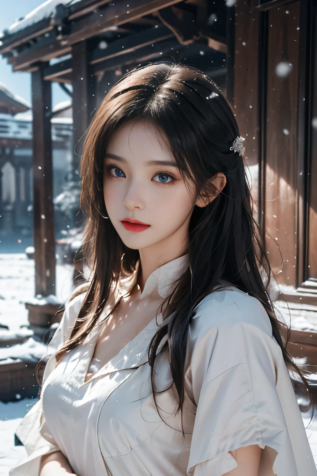 Top quality work,Photorealistic works,Ultra Premium Graphics,8K HD CG works,High-quality graphics,High-definition fine CG works,10x pixel,Ultra-fine details:1.1,Advanced technical details:1.1Photographically realistic, A high resolution ,Transparent hair,High Detail Hair(Premium Hair Detail:1.1)Clear eyes,Good looking double eyelids,Sharp eye makeup, Delicate makeup for eyelashes, Thin eyebrows, ultradetailed eyes,High Nose, lovely red lips, Rose cheeks, Face with delicate makeup , Pretty Face, A perfectly proportioned face,(Advanced facial details:1.1), Women's Artwork,full-body vieoddess of Dress,,amazing,Today's eyes are bright photorealistic, masterpiece, photorealistic, high resolution, soft light, hips up, (Lolita costume),Gorgeous costumeace the audience,(The upper part of the body,upper legeautidful eyes, Brown hair, ringed eyes, (outside,Heavy snowfall,Thick fur cape,Cover with snow),snowfield,Blue eyes