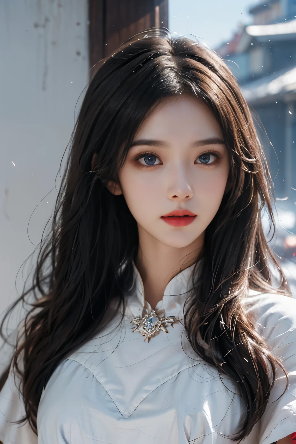 Top quality work，Photorealistic works，Ultra Premium Graphics，8K HD CG works，High-quality graphics，High-definition fine CG works，10x pixel，Ultra-fine details：1.1，Advanced technical details：1.1Photographically realistic, A high resolution ,Transparent hair，High Detail Hair（Premium Hair Detail：1.1）Clear eyes，Good looking double eyelids，Sharp eye makeup, Delicate makeup for eyelashes, Thin eyebrows, ultradetailed eyes，High Nose, lovely red lips, Rose cheeks, Face with delicate makeup , Pretty Face, A perfectly proportioned face,（Advanced facial details：1.1）, Women's Artwork，full-body vieoddess of Dress，，amazing，Today's eyes are bright photorealistic, masterpiece, photorealistic, high resolution, soft light, hips up, (Lolita costume)，Gorgeous costumeace the audience，(The upper part of the body，upper legeautidful eyes, Brown hair, ringed eyes, (outside，Heavy snowfall，Thick fur cape，Cover with snow)，snowfield，Blue eyes