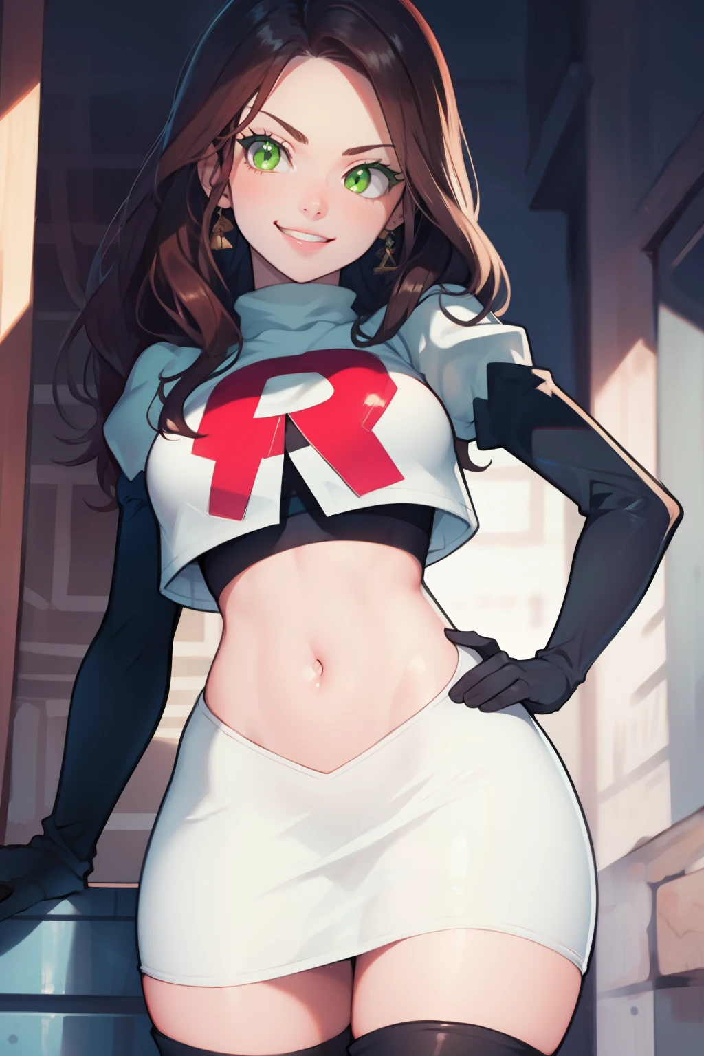 dorothea, green eyes, glossy lips ,team rocket,team rocket uniform, red letter R, white skirt,white crop top,black thigh-high boots, black elbow gloves , looking at viewer, evil smile