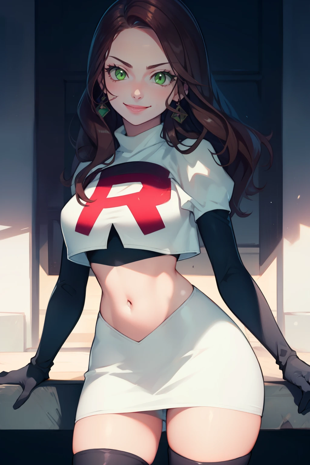 dorothea, green eyes, glossy lips ,team rocket,team rocket uniform, red letter R, white skirt,white crop top,black thigh-high boots, black elbow gloves , looking at viewer, evil smile