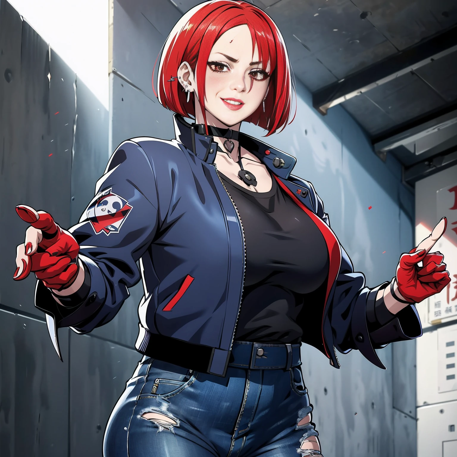 in the art style of persona 5, smal breast, delinquent, (sukeban), mature_female, blush, mature, older woman, 25 years old, Sukeban teacher outfit, (1girl, solo female, solo, solo focus)++++, choker, sukeban teacher, sukeban fighter, long_sleeves, open jacket, blue jacket,( jean)+++, light skin tone female, full body, jacket, biker jacket, tape, arm_support, gloves, red_gloves, bridal gauntlets, nail polish, boots, black_footwear, fighter outfit, full body, hourglass, mature face, cheeky smile, cheeky face, wrinkles, (red hair, short hair, bob cut, earrings, ear piercings), red eyeighting art, Martial arts, standing, fighting_stance, fight, fighting), extra colors, 2D, megapixel, perfectionism, accent lighting, full HD , (Masterpiece:1.2), (full-body-shot:1),(cowboy shot:1.2), (Highly detailed:1.2),(Detailed Face:1.2), Colorful, A detailed eye, (Detailed landscape:1.2), (natural lighting:1.2), ((sukeban school teacher)) by Vincent Di Fate: Aidyllery, Anamorphic Shot, rule of thirds, face by Artgerm and WLOP,