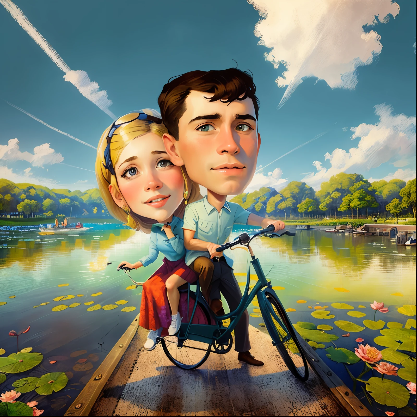 a cartoon picture of a man and woman riding a bicycle on a pier, Lake background with lotus leaves and flowers in the water, around the trees, norman rockwell style, in style of norman rockwell, inspired by Norman Rockwell, inspired by Grant Wood, inspired by Art Frahm, caricature style, tv show, style of norman rockwell, vacation photo, caricature illustration, monet and da vinchi art style, on a bridge