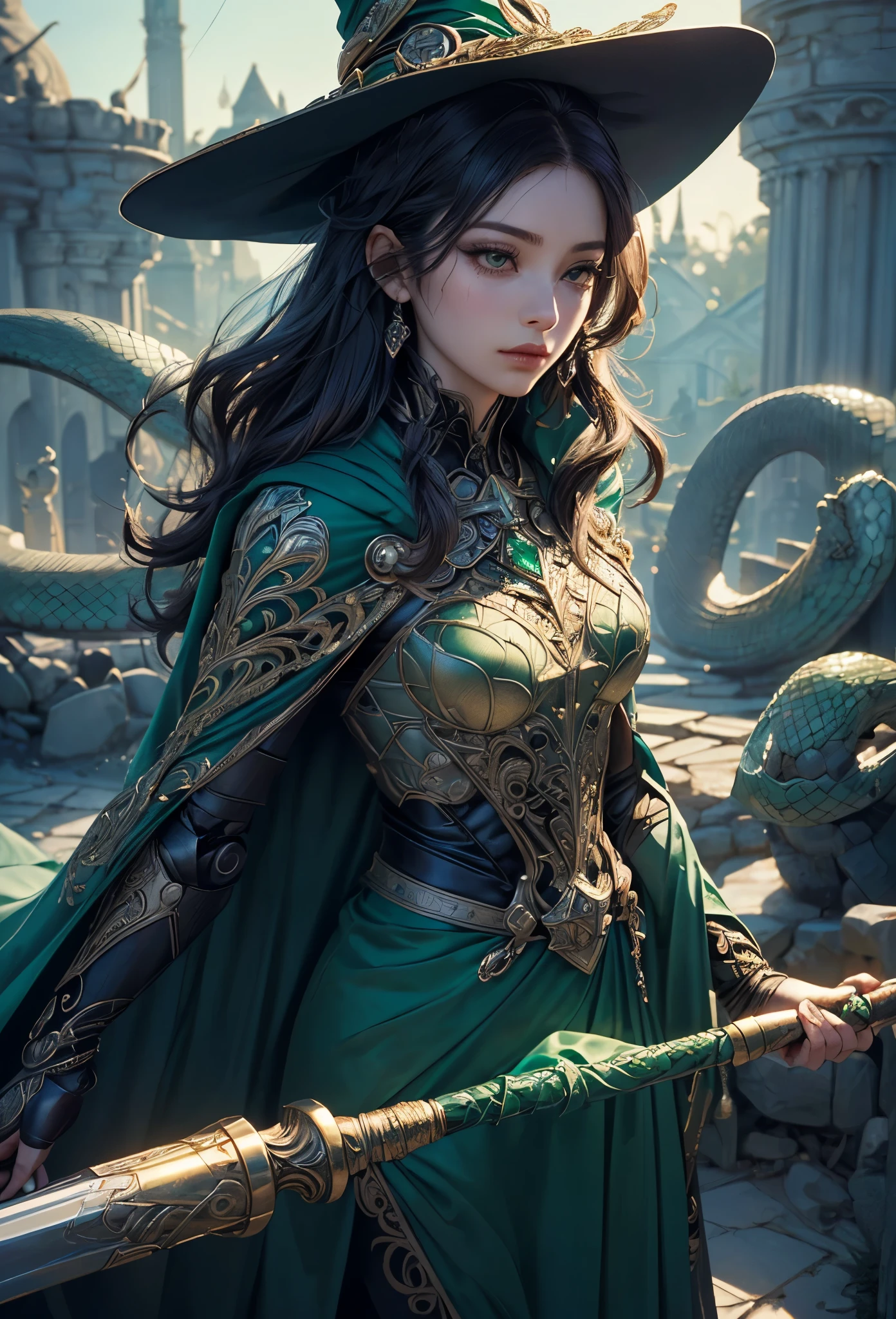 (Detailed illustrations,Very detailed and detailed drawing,Delicate lines with slow and rapid,Realistic texture expression),[Color tressed main line],(Battlefield of Fantasy World [Burning castle]),(ROBOT (Emerald Witch [witch's hat [ROBOTFACE[Iron Mask]]]) [WEAPON　MACHINE],([[Transparent material covering the body surface]] [chain (cape [scale])] [in green],(Viper pattern),Using a magic wand as a weapon,Mobile Weapon Gigant Size,(Intricate and beautiful decoration [Dense detail]),[Transparency],[完璧な目のdetaileds (Iris beautifully drawn in every detail)[Jewel-like eyes]],[long and beautiful eyelashes],[Meticulously drawn hair [美しく艷やかな髪のdetaileds]],(完璧な手のdetaileds [Beautiful fingers without breakdowns [Beautiful nails]]),(Perfect Anatomy(Perfectly proportioned))[[Full body like]],[Ideal color coordination(Accurate simulation of light-material interactions)],([Precision Detail](detaileds,high-detail)),[Visual art that conveys a sense of narrative].