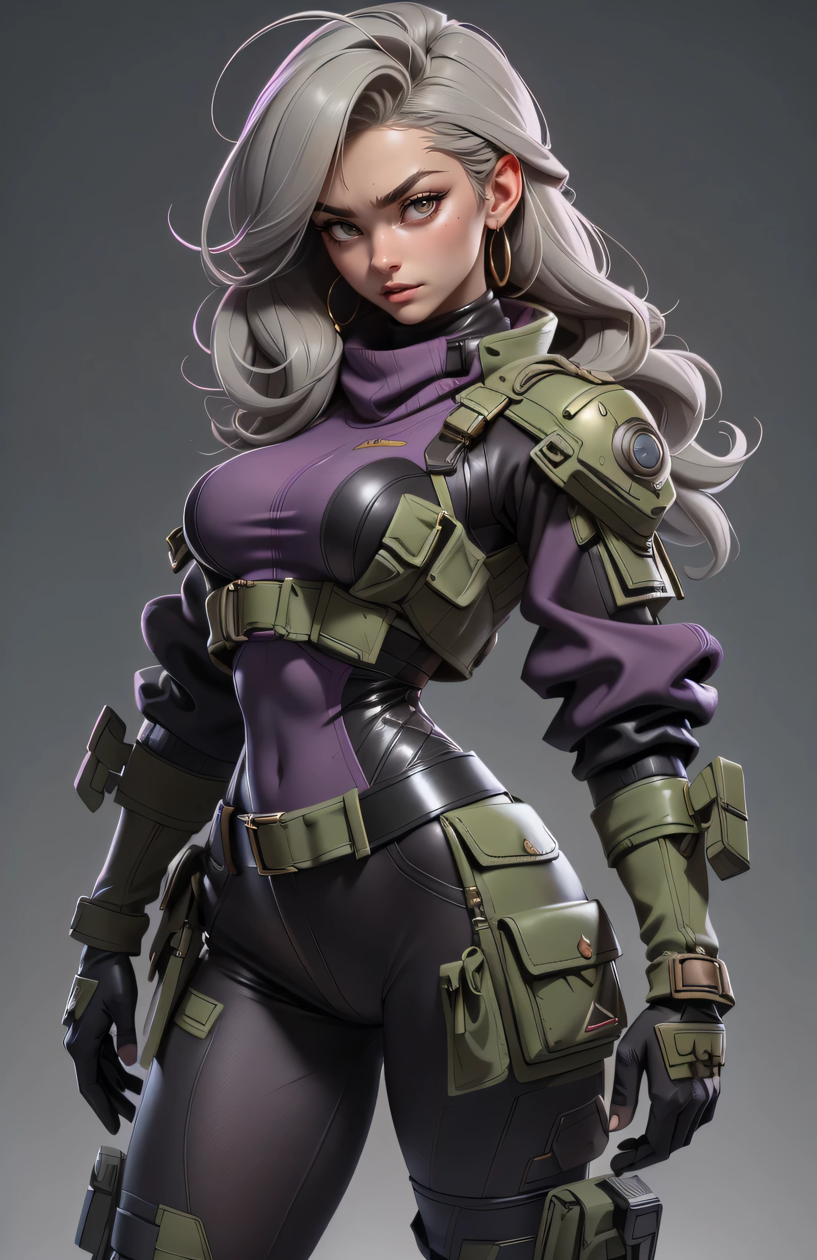 11:23(((Best quality: 1.4))),(无与伦比的tmasterpiece), (hyper HD),(Hyper-realistic 8k CG)、（whaite hair）（hands on the waist） ((( body))), (((1 girl in))), 25-year-old American soldier with perfect body,,Beautiful and well groomed face,muscular body:1.2,Solid dark purple jacket with details, (Pictures from head to thighs)， Complex equipment, long trousers，The clothes inside are dark, ),Gorgeous and fearless female warrior, fit and muscular body, military shirt, bshoulders, Dark blonde hair, tattooed arms, Full detail on the face,   high detal, actual, Photoquality, high high quality,  (photoactual:1.4), The content is very detailed, tmasterpiece, high high quality阴影,