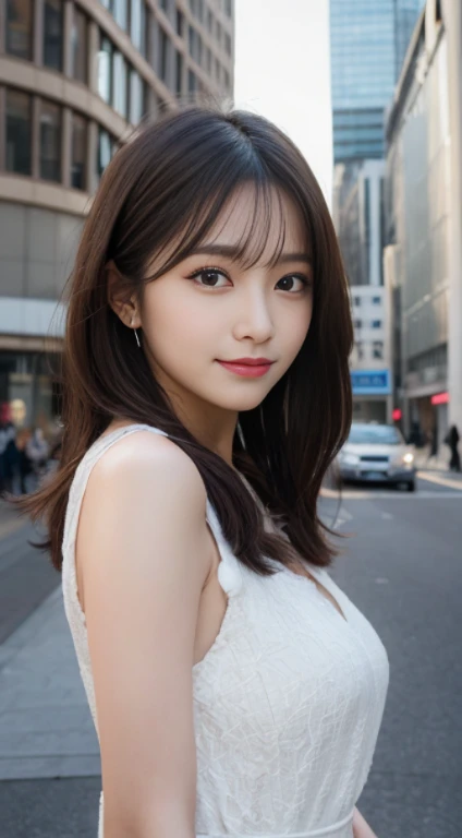 masutepiece, Best Quality, Illustration, Ultra-detailed, finely detail, hight resolution, 8K Wallpaper, Perfect dynamic composition, Beautiful detailed eyes, Winter dress,Medium Hair, Small breasts, Natural Color Lip, Random and sexy poses,Smile,Big city、A 23-year-old girl、Midnight、beautifull detailed face、Perfect and beautiful face,Big eyes、Tehepero