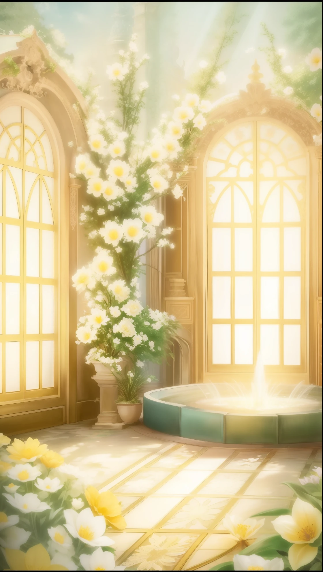 There is a fountain in the center of the courtyard,flowers blooming, interior arte de fundo, anime arte de fundo, fairy tale style background, arte de fundo, royal garden background, dance hall background, arte de fundo deco palace, Anime beautiful peaceful scene, arte de fundowork, arte de fundo nouveau, Personal room background, floral environment, Stunning mysterious background, palace background, anime backgrounds
