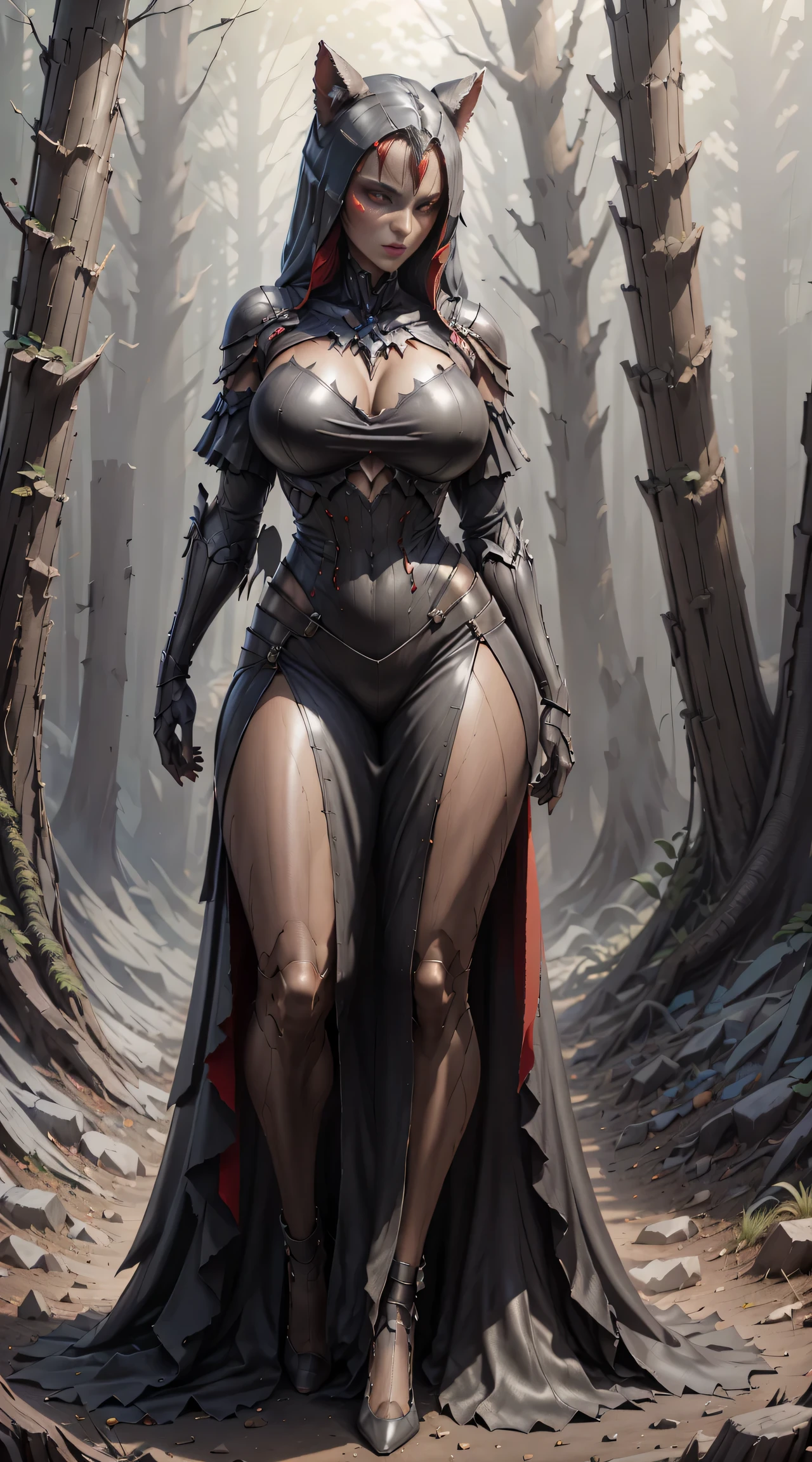 Red Riding Hood becoming the Big Bad Wolf, big breasts, frontal, full-length, looking at the camera, facing the audience, standing pose, forest background, three-dimensional light, detailed full-body concept, sleek digital concept art, beautiful full-body concept art, art trend, CGsociety full-length, huge breasts, tall, wide hips