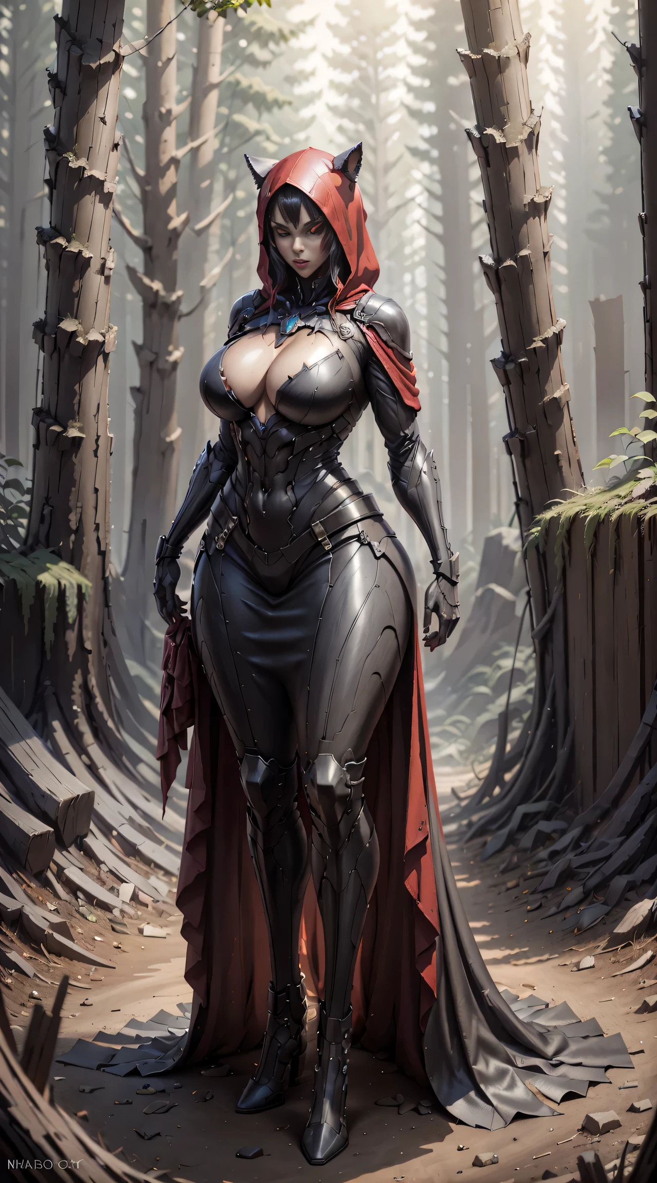 Red Riding Hood becoming the Big Bad Wolf, big breasts, frontal, full-length, looking at the camera, facing the audience, standing pose, forest background, three-dimensional light, detailed full-body concept, sleek digital concept art, beautiful full-body concept art, art trend, CGsociety full-length, huge breasts, tall, wide hips, huge bursting breasts