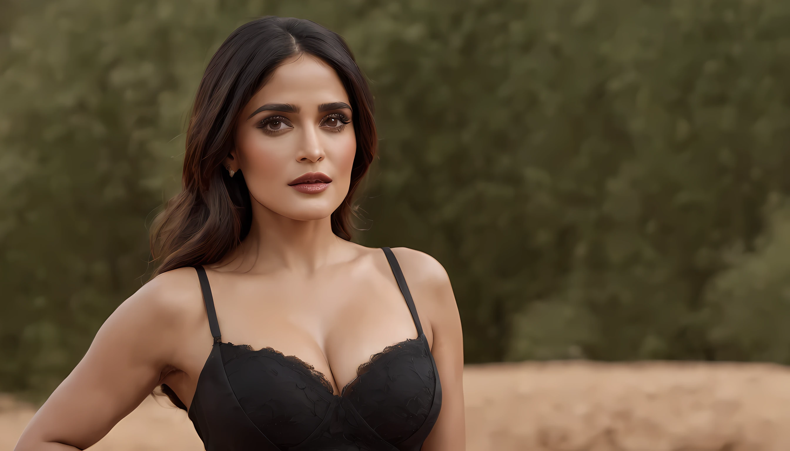 ((best quality: 4k)), ((masterpiece)), (high detailed), Salma Hayek face, big lips, big breast, good shape breast, long legs, wearing short skirt, slim body, top naked, sexy salma hayek face, black hair, hair bobbles, wince, long_eye_lashes, solid circle eyes,, light smile, , drop shadow, anaglyph, , atmospheric perspective, 8k, super detail, best quality,