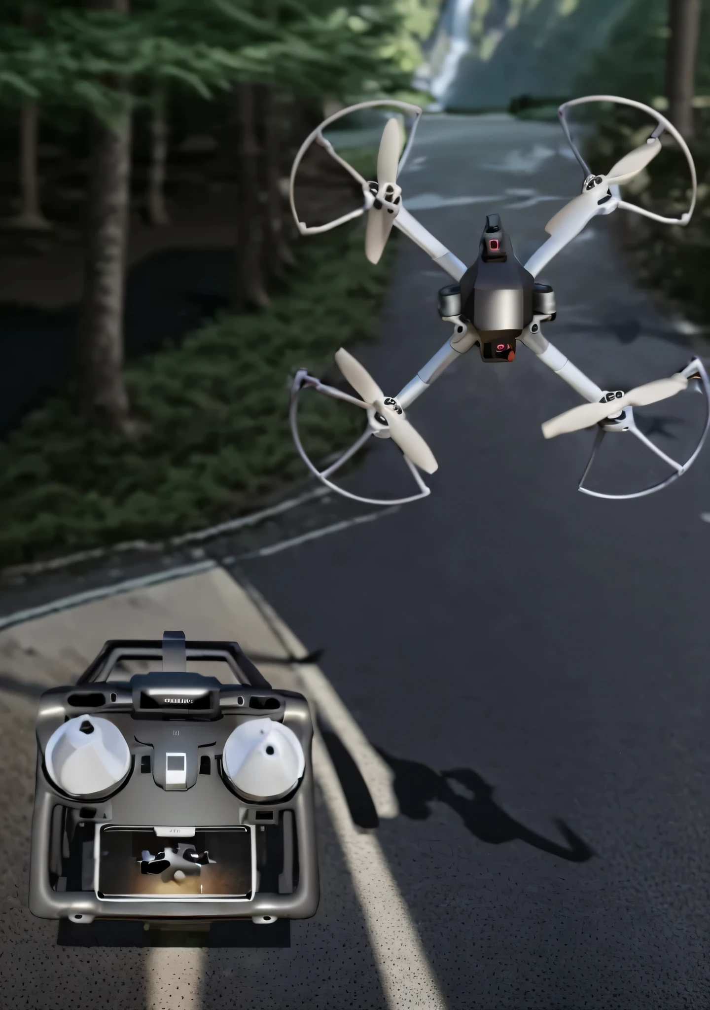 (Drone has shadow on the road:1.5),(The background is a fairyland-like scene),(There are tall trees),(There are mountains of different shapes here),(waterfall flowing down),(Rich details),(Ray traching),(Cinematic light and shadow),(Super quality),(Correct and perfect composition),(8K),(tmasterpiece)