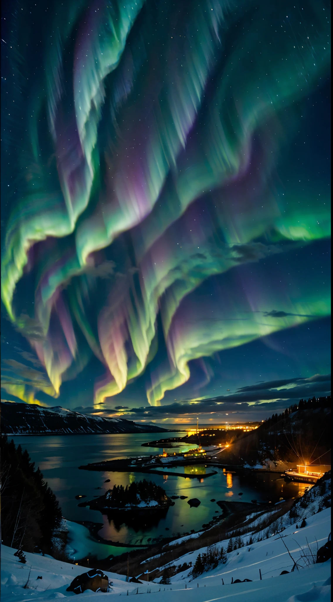 Northern lights glowing sky, , ocean below