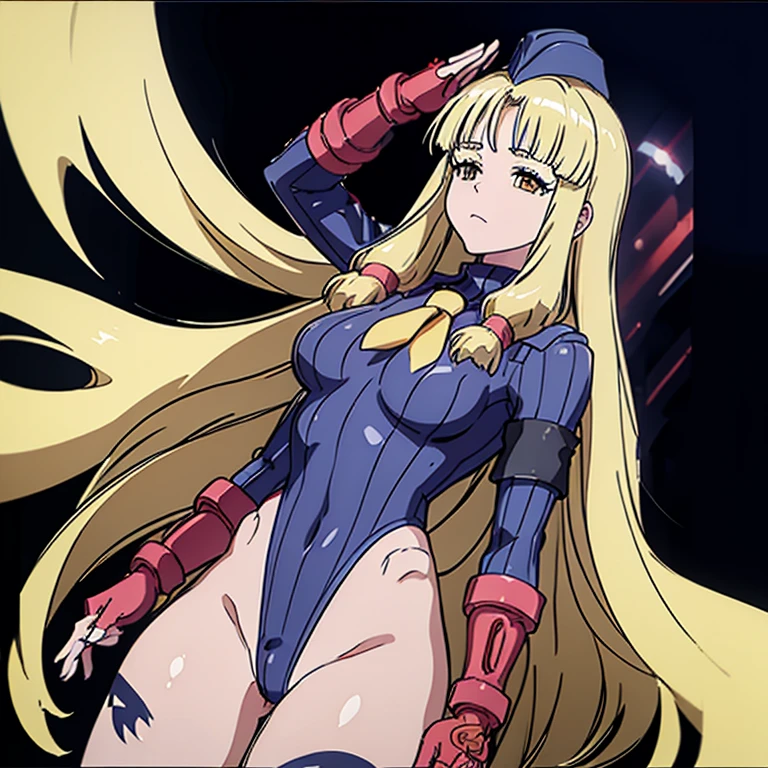 ultra-detailed, Explicit, Beautiful body, Beautiful Nose, Beautiful character design, perfect eyes, perfect face, ultra highres, 4K, beautiful legs, perfect legs, Nice hands, Perfect hand, Masterpiece, Best Quality, Highly detailed, illustration, absurdres, street fighter, doll suit, shadaloo doll, dollsuit, expressionless, blank eyes, looking at viewer, red gloves, emotionless, black latex, corrution, mind control, female combatant, full body, hypnotized, unhappy trance, full body suit, ribbed bodysuit, both arms at side, obey, perfect female body, extremely glossy latex, hypnosis, hypnoLora, empty eyes, Mind control device, poses, submissive_pose, Slave, hat, necktie, stand up straight, standing, standing at attention, hat, necktie, belt, latex, ribbed bodysuit, thighhighs, garter belt, Fighting Stance, extending the right arm from the shoulder into the air with a straightened hand, nazi saluting, military, military saluting, salute, thigh boots, 1girl, Shadowverse-flame, Hahajima Fuwari, blonde hair, yellow eyes, long hair