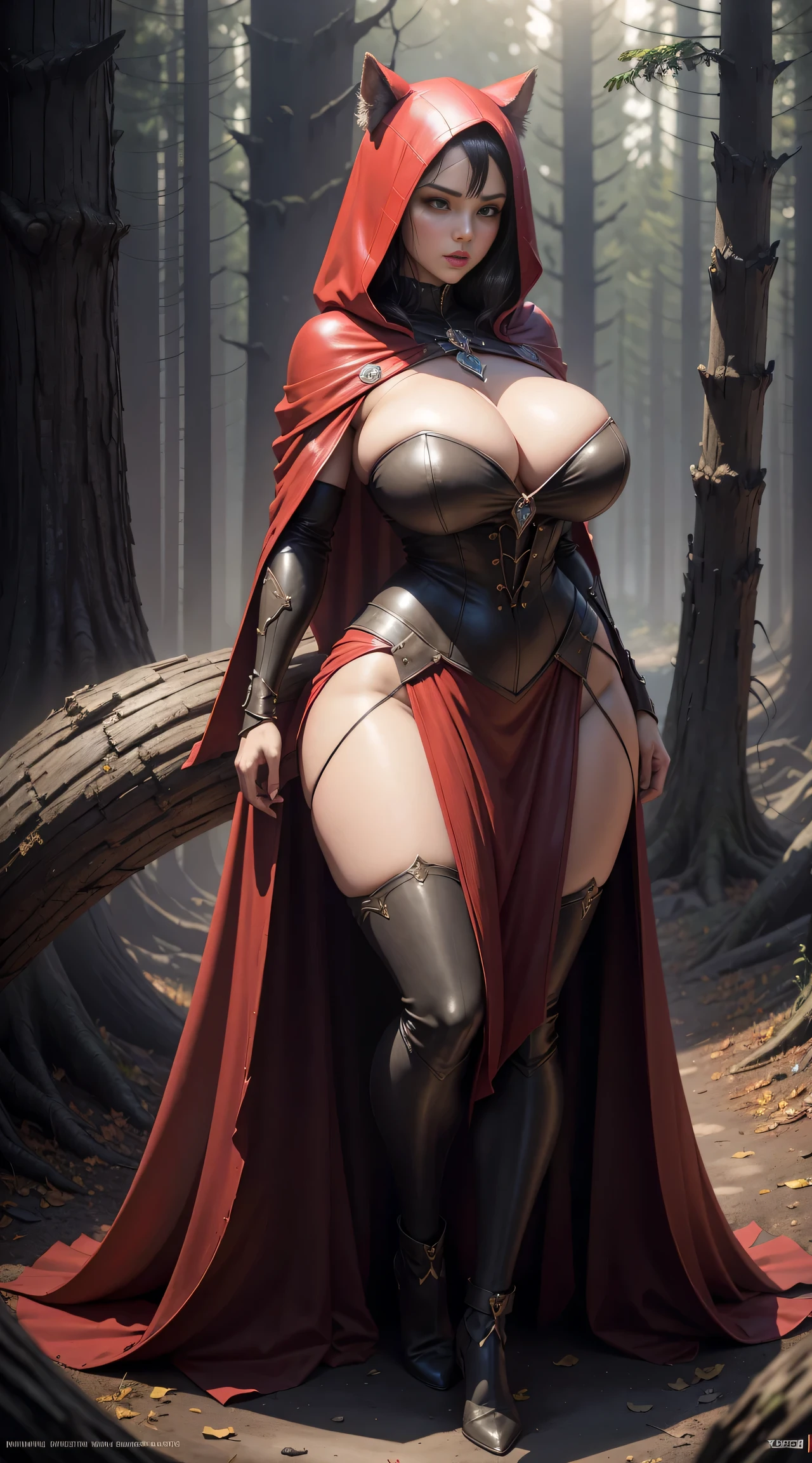 Red Riding Hood becoming the Big Bad Wolf, big breasts, frontal, full-length, looking at the camera, facing the audience, standing pose, forest background, three-dimensional light, detailed full-body concept, sleek digital concept art, beautiful full-body concept art, art trend, CGsociety full-length, huge breasts, tall, wide hips, huge bursting breasts, dynamic pose, dynamic camera, squirting