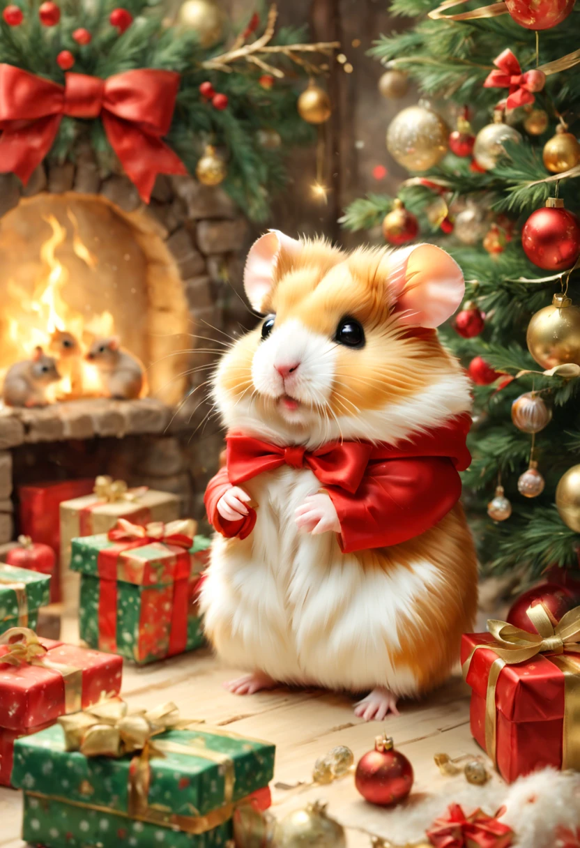 (Christmasパーティ会場:Christmas Decorations),inside in room,Christmas tree,ceiling decoration:Christmas,candy:Christmas,(hamster christmas party),(ダンシングhamster:party attire:dance:pulling the hands up:Opening Mouth:cute little:A delightful:Joy:glad),hamster達,masterpiece,top-quality,Fluffy hamsters,Christmas,A delightful,tre anatomically correct,The cutest hamster,colourfull,hamster,bow ribbon:red and green,kirakira,Star Ornament,fireplace,Fantasia,randolph caldecott style,illustratio,watercolor paiting,今日はA delightfulChristmasパーティです,最高に素敵なChristmas会場の飾りつけ