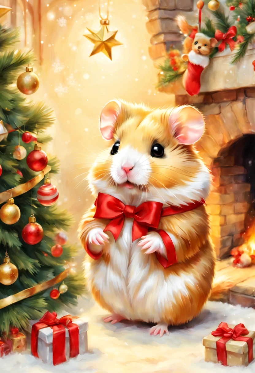 (Christmasパーティ会場:Christmas Decorations),inside in room,Christmas tree,ceiling decoration:Christmas,candy:Christmas,(hamster christmas party),(ダンシングhamster:party attire:dance:pulling the hands up:Opening Mouth:cute little:A delightful:Joy:glad),hamster達,​masterpiece,top-quality,Fluffy hamsters,Christmas,A delightful,tre anatomically correct,The cutest hamster,colourfull,hamster,bow ribbon:red and green,kirakira,Star Ornament,fireplace,Fantasia,randolph caldecott style,illustratio,watercolor paiting,今日はA delightfulChristmasパーティです,最高に素敵なChristmas会場の飾りつけ
