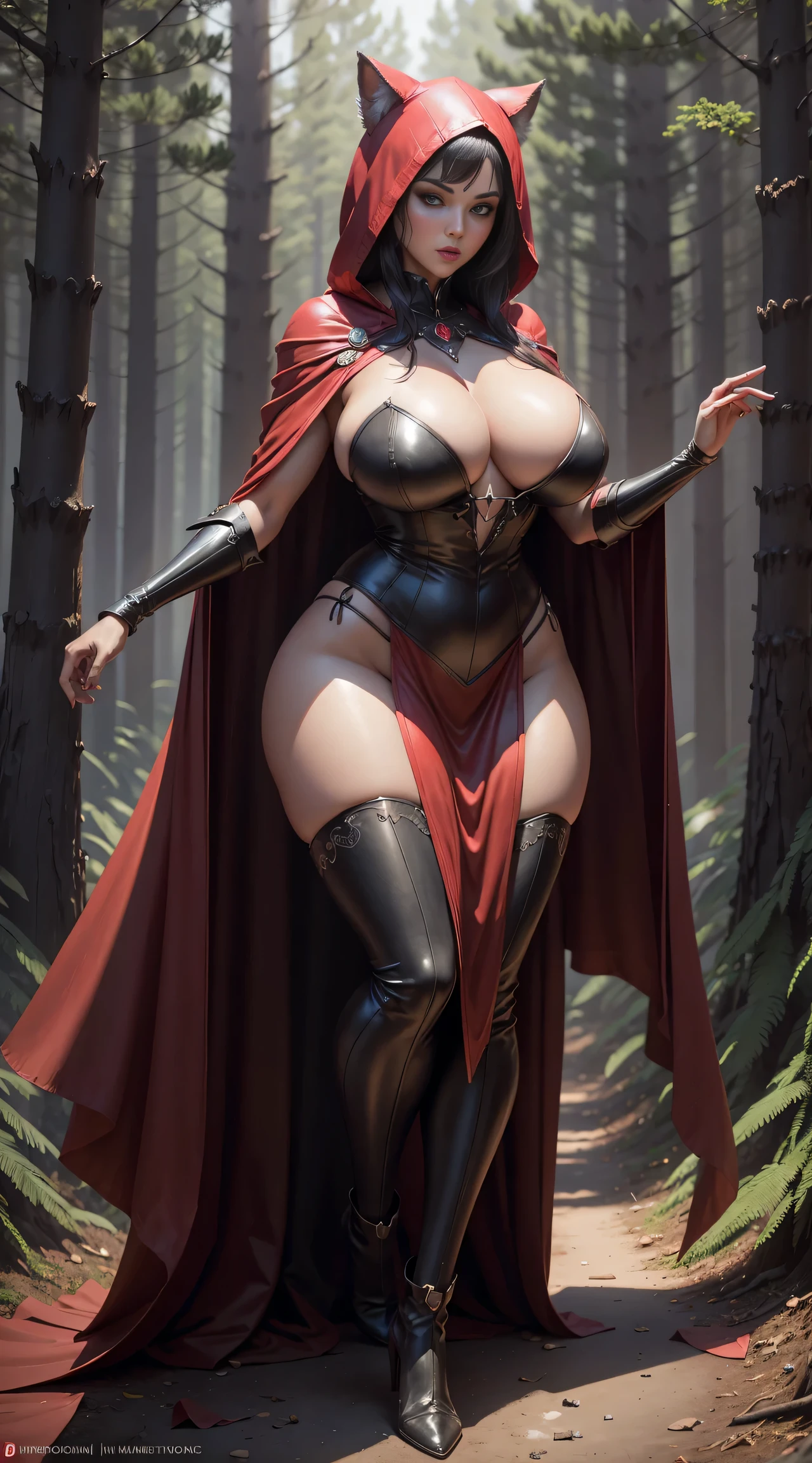 Red Riding Hood becoming the Big Bad Wolf, big breasts, frontal, full-length, looking at the camera, facing the audience, standing pose, forest background, three-dimensional light, detailed full-body concept, sleek digital concept art, beautiful full-body concept art, art trend, CGsociety full-length, huge breasts, tall, wide hips, huge bursting breasts, dynamic pose, dynamic camera, squirting