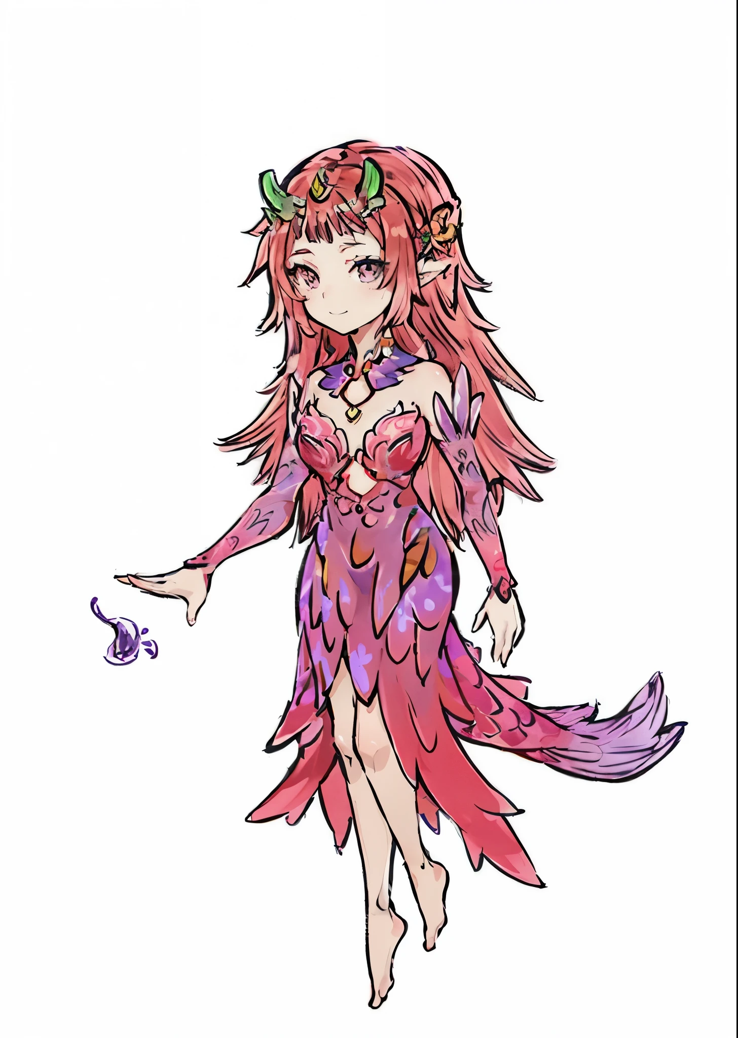 Q，CHIBI，faeries，Ink characters，16 岁粉色长发faeries，There are two green dragon horns on the head，Wearing a purple tight dress，staring right into camera，arms stretched wide，looks into camera，big breasts beautiful，Sweet smile，紫色和粉色faeries服装套装，Clothing details，Intertwined，longer sleevelat coatineticulous details，Realistic portrait，