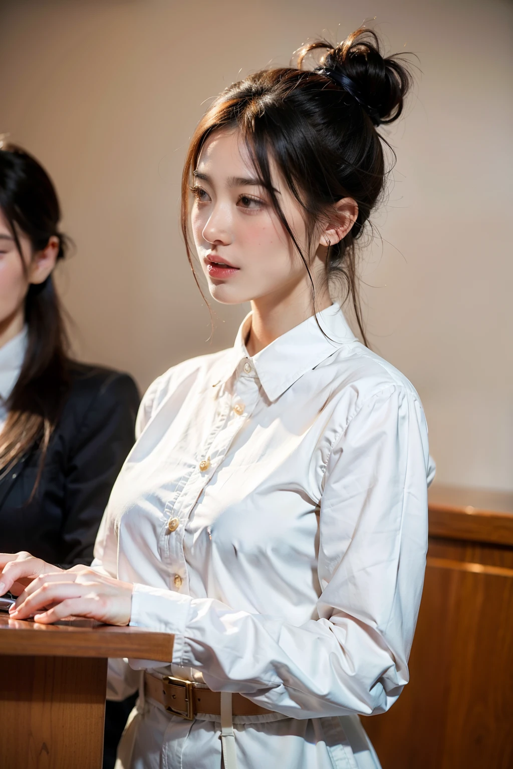 ((Best quality at best)), ((tmasterpiece)), (detailed), The background is on the podium,natural classic face,Two women holding microphones and talking,long sleeve work uniform,Hair tied up,中景 the scene is